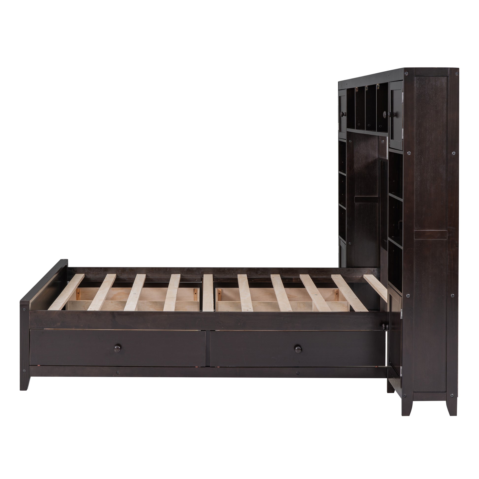 Dark wood twin bed frame with builtin shelving and drawers