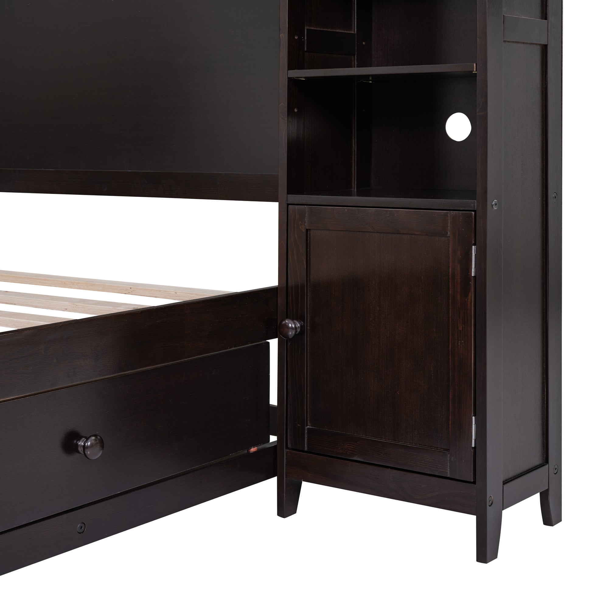 Dark espresso wood bunk bed with integrated cabinet and shelf