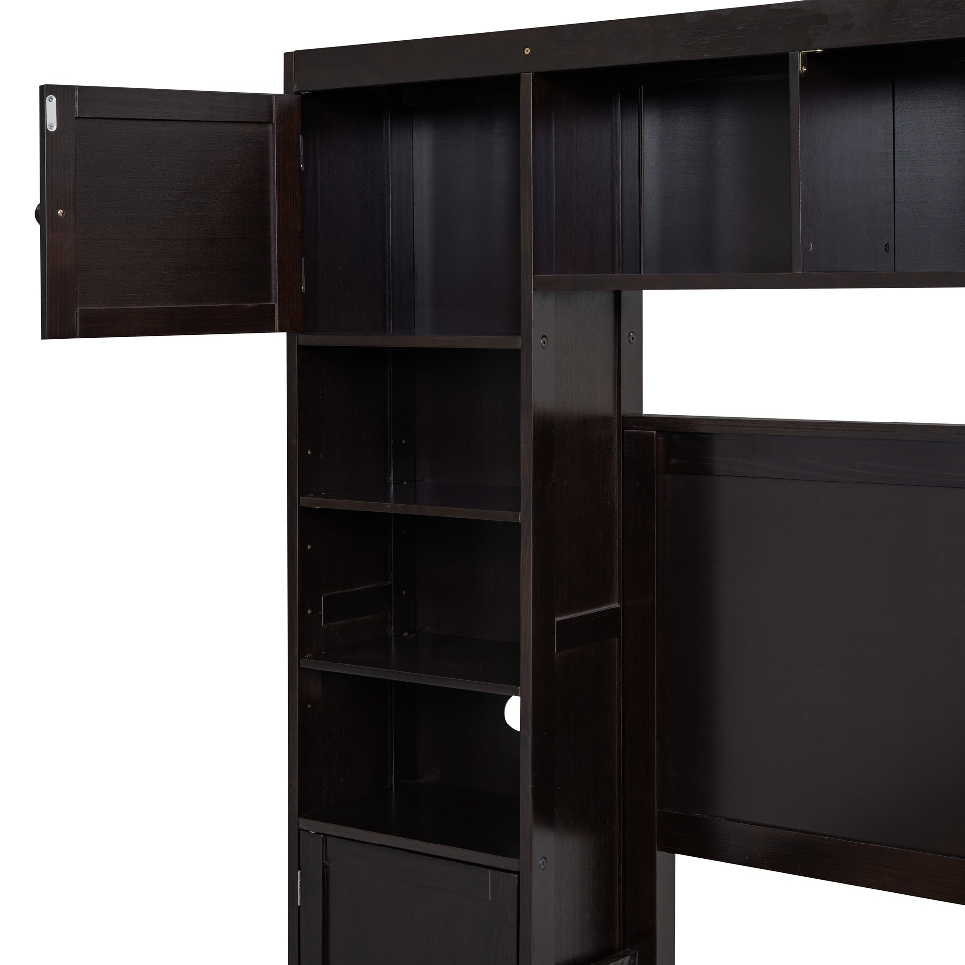 Dark brown engineered wood bookshelf with open and closed shelving