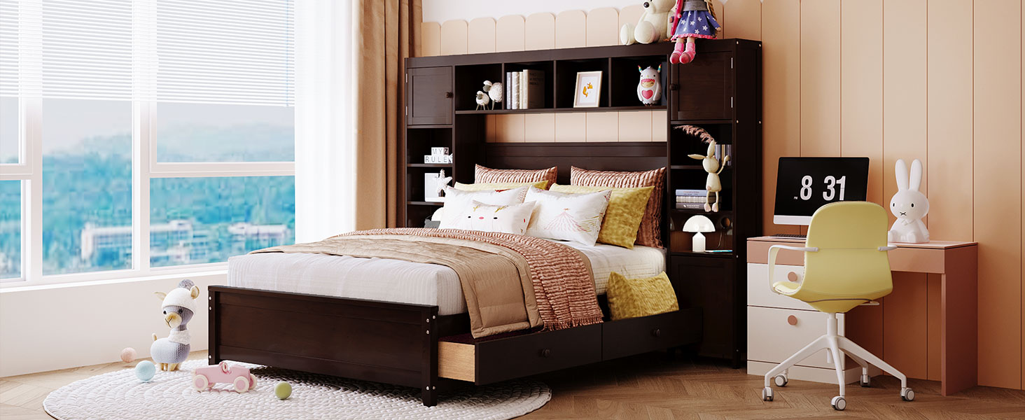 Dark wood twin bed with builtin shelves and drawers
