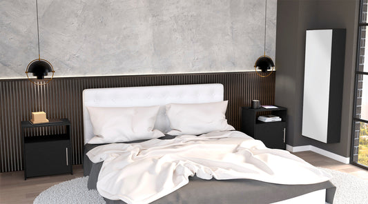 White tufted headboard bedroom set with plush bedding
