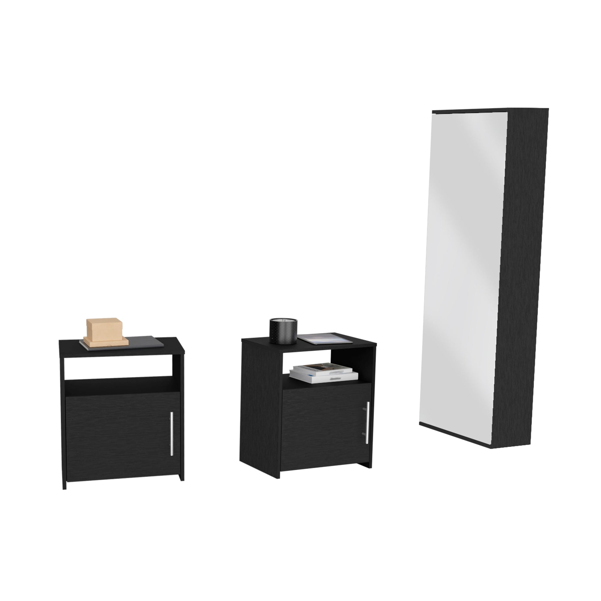 Black modern nightstand with open shelf and closed cabinet