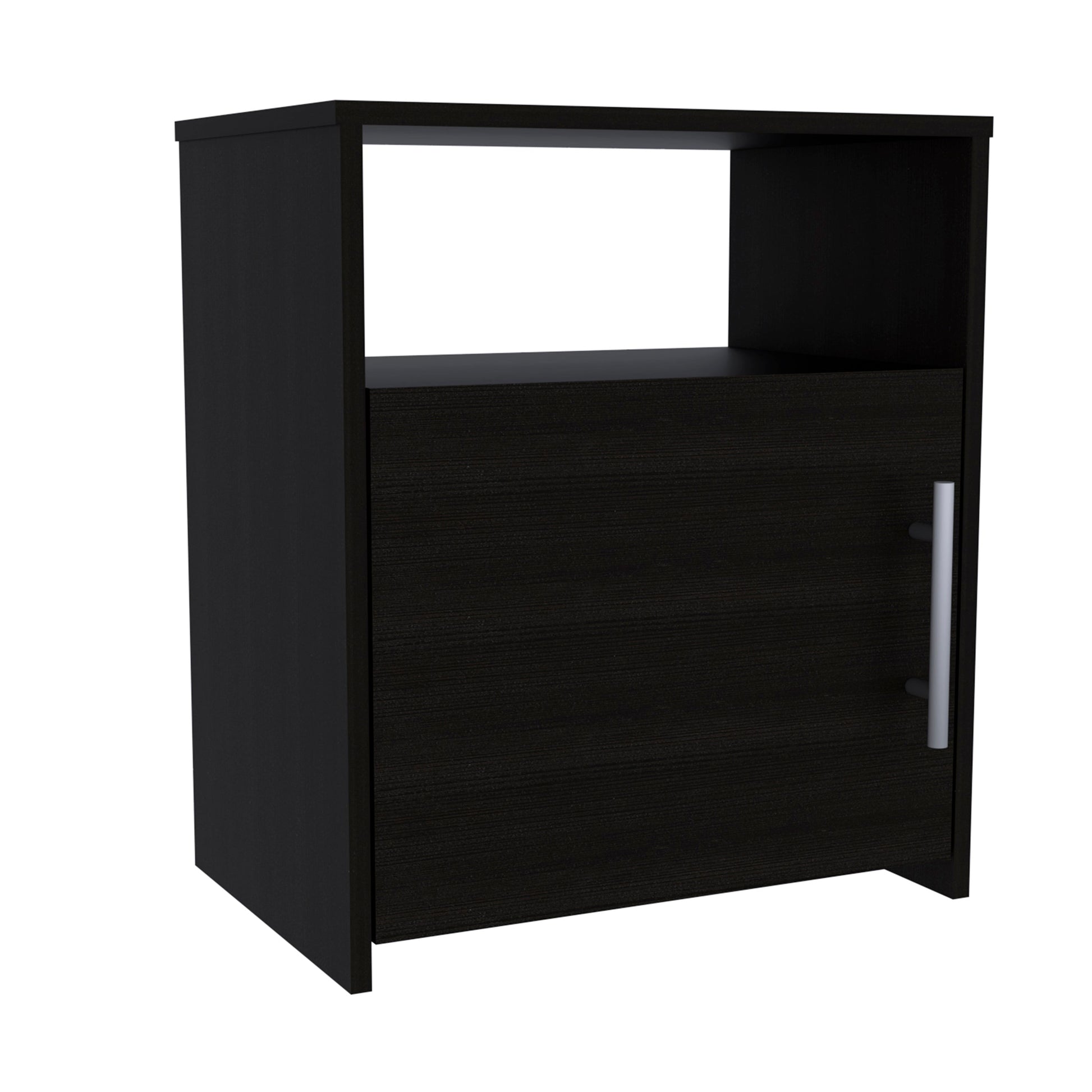 Black bedside table with one drawer and open shelf