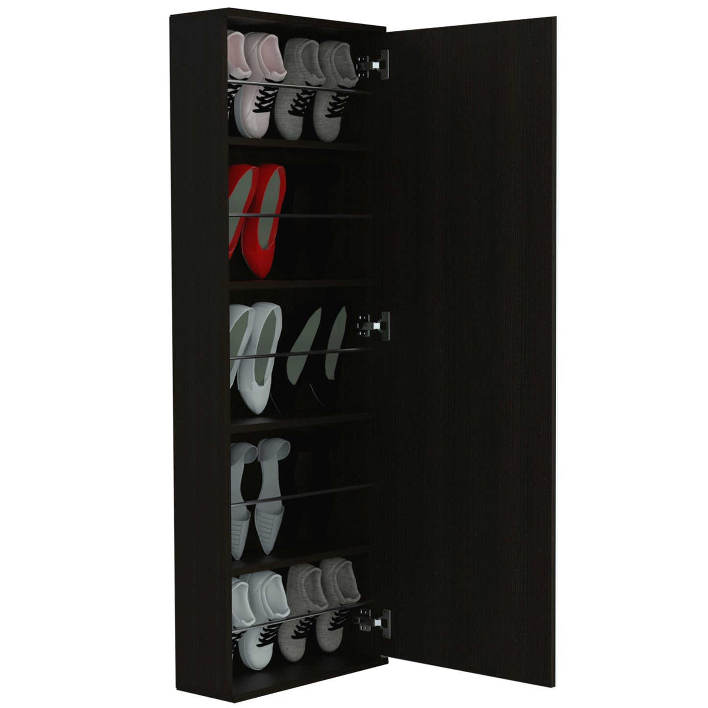 Slim dark wood shoe cabinet with multiple shelves displaying various footwear styles