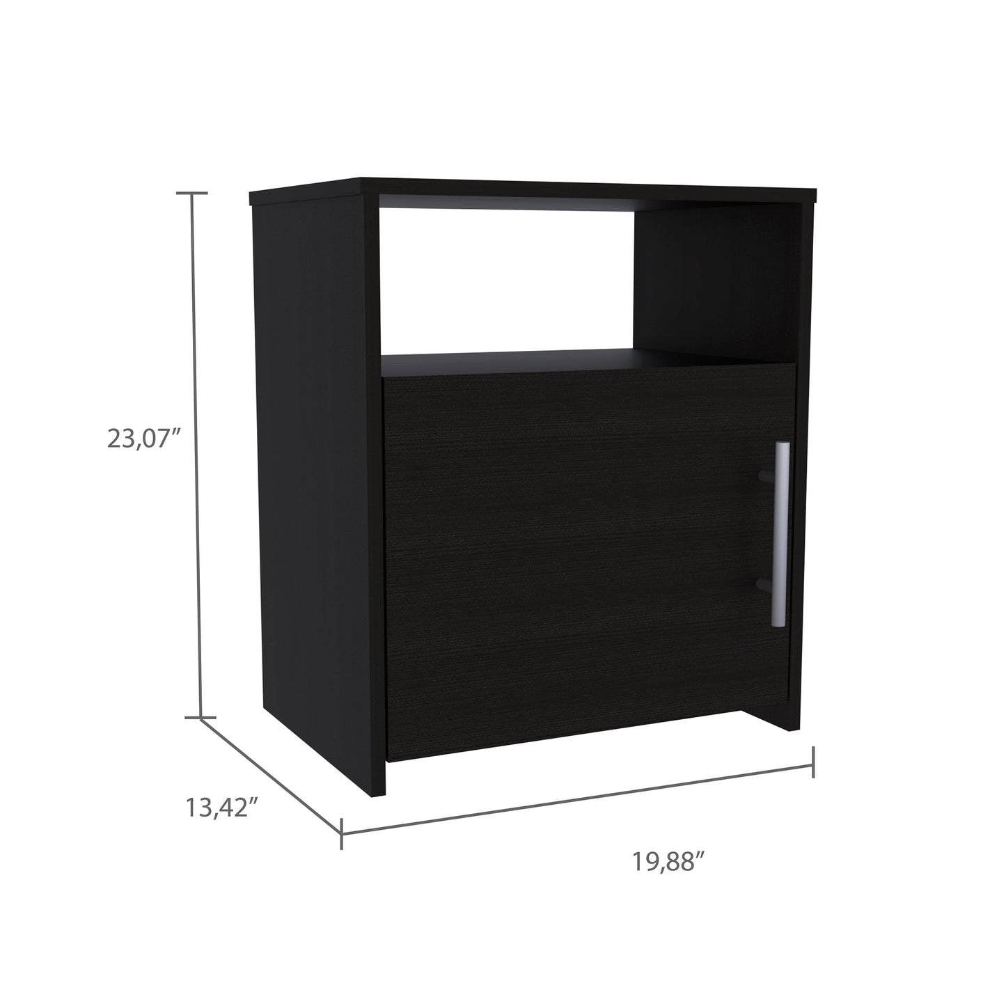 Sleek black particleboard cabinet with one door and open shelf perfect for small living spaces