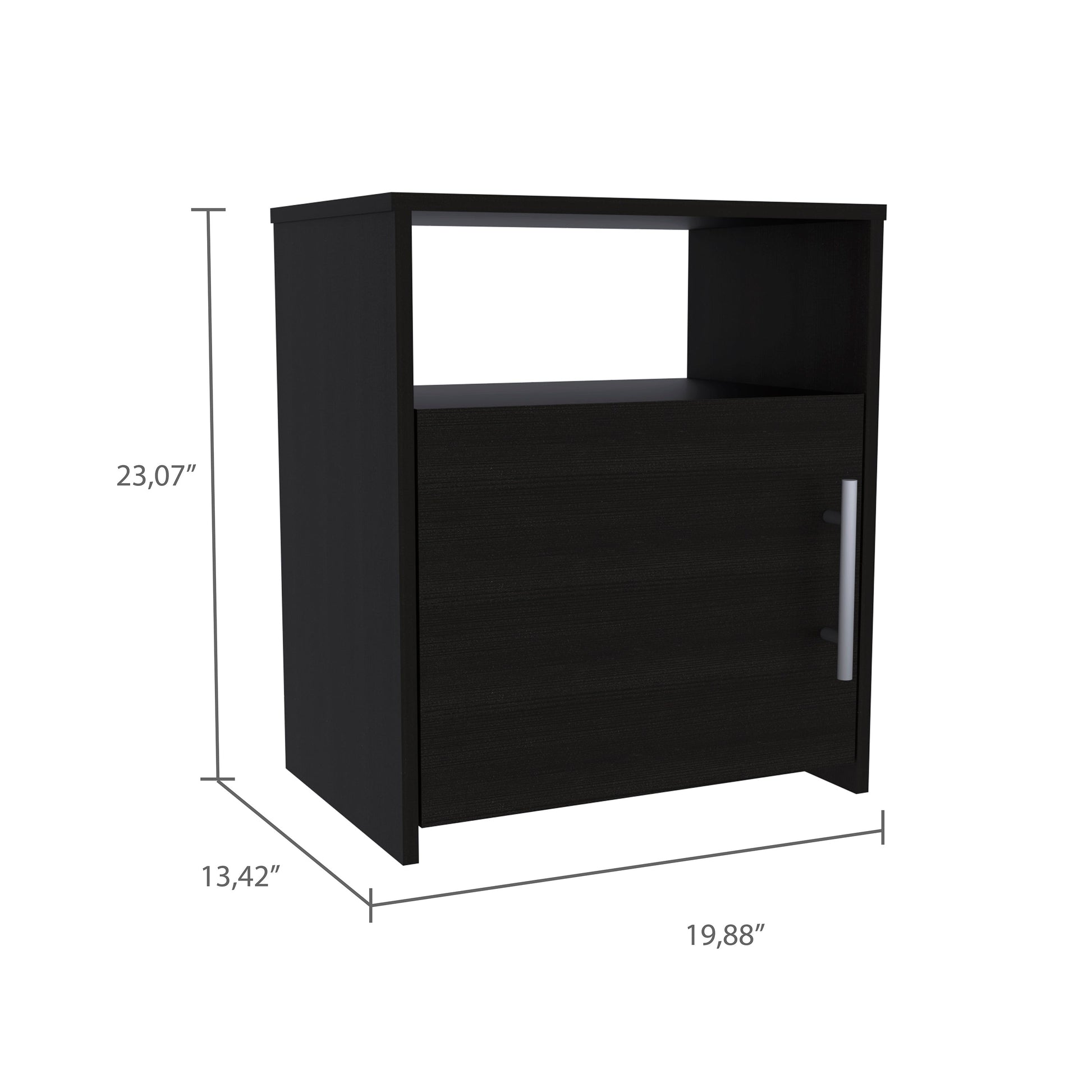 Sleek black particleboard cabinet with one door and open shelf perfect for small living spaces