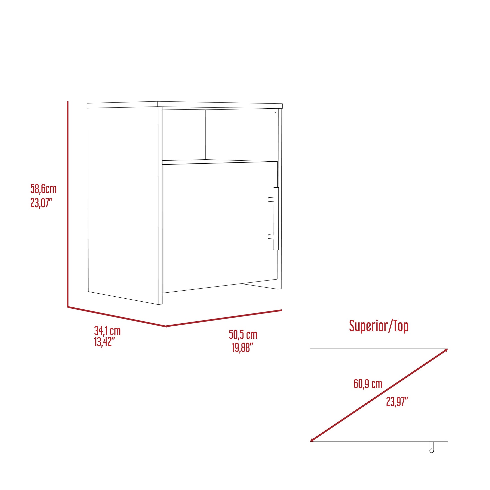 Technical drawing of a white bedside table with dimensions cm height cm depth and cm width