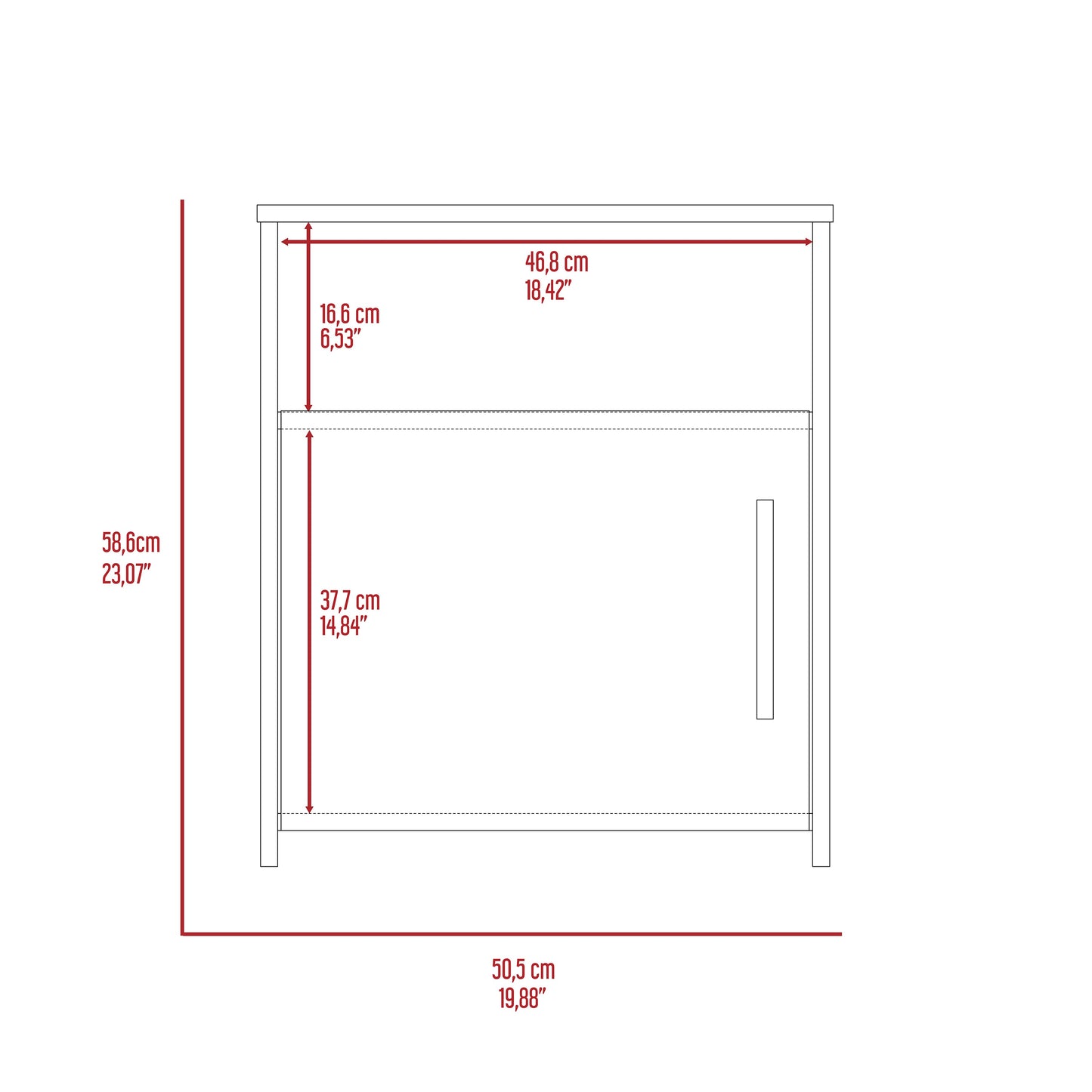Technical drawing of a nightstand showing dimensions cm height cm width cm depth