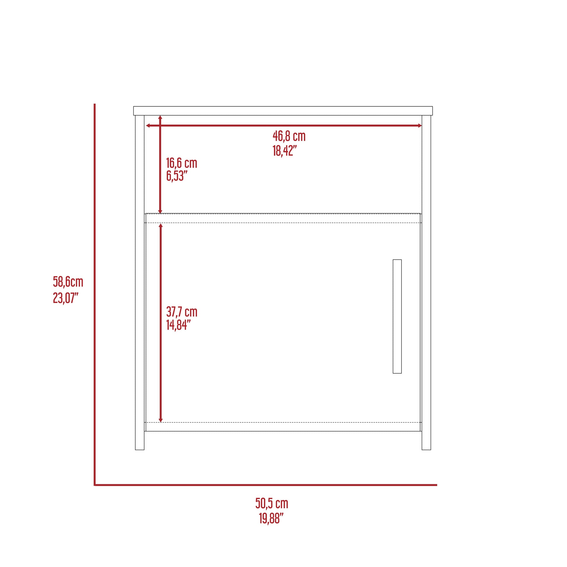 Technical drawing of a nightstand showing dimensions cm height cm width cm depth