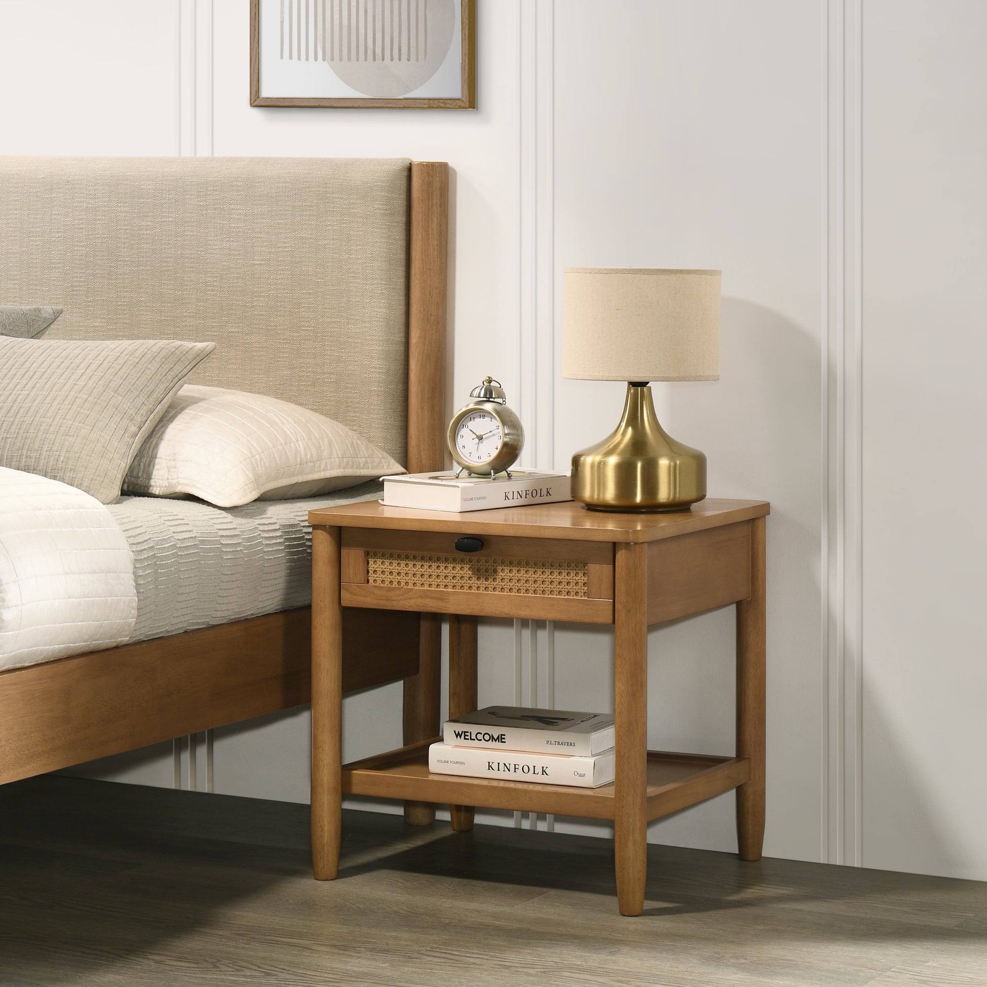 Wooden nightstand with rattan drawer detail