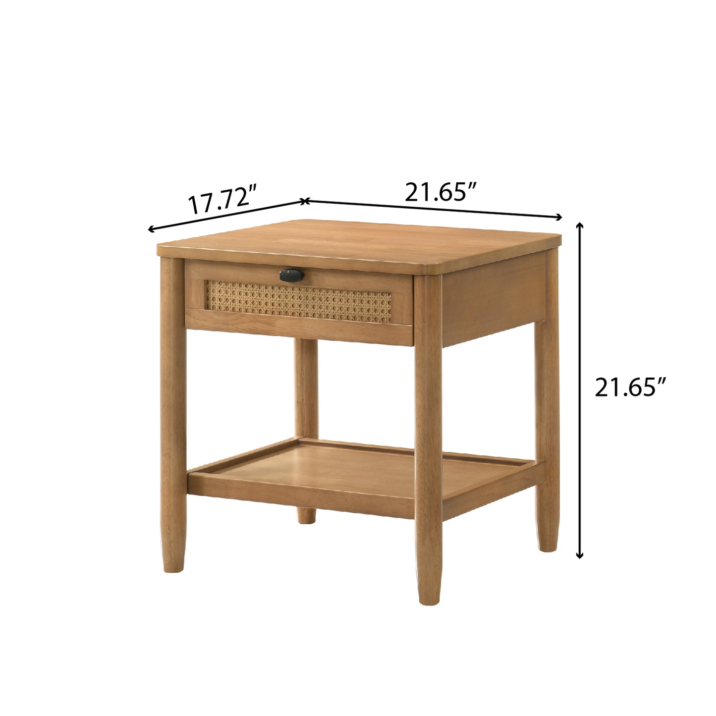 Natural wood end table with cane drawer detail and bottom shelf