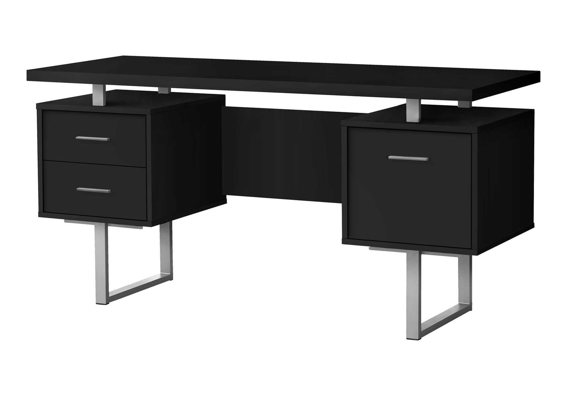 Modern black executive desk with two drawers and brushed metal legs for home office