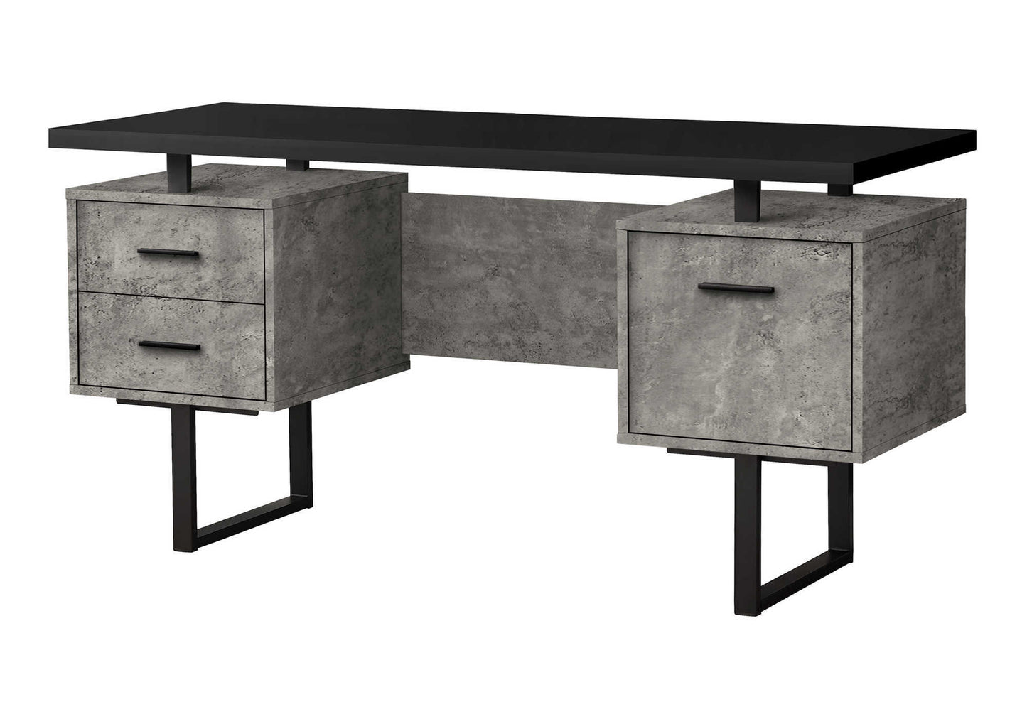Modern concrete finish desk with black metal legs and two drawer units