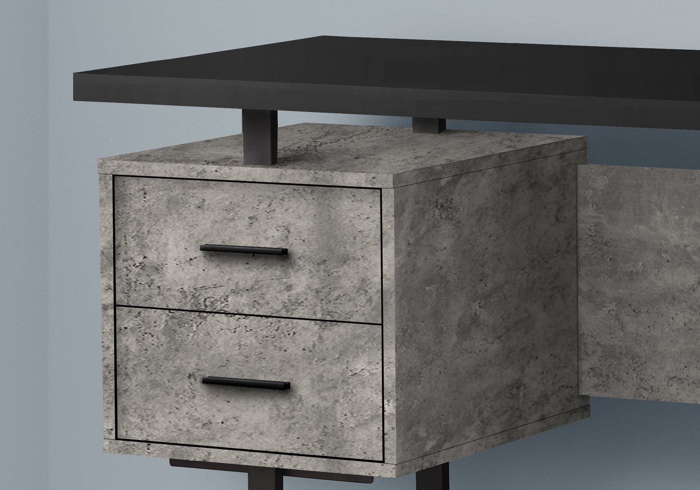Modern concretelook desk with two black drawers and a black surface