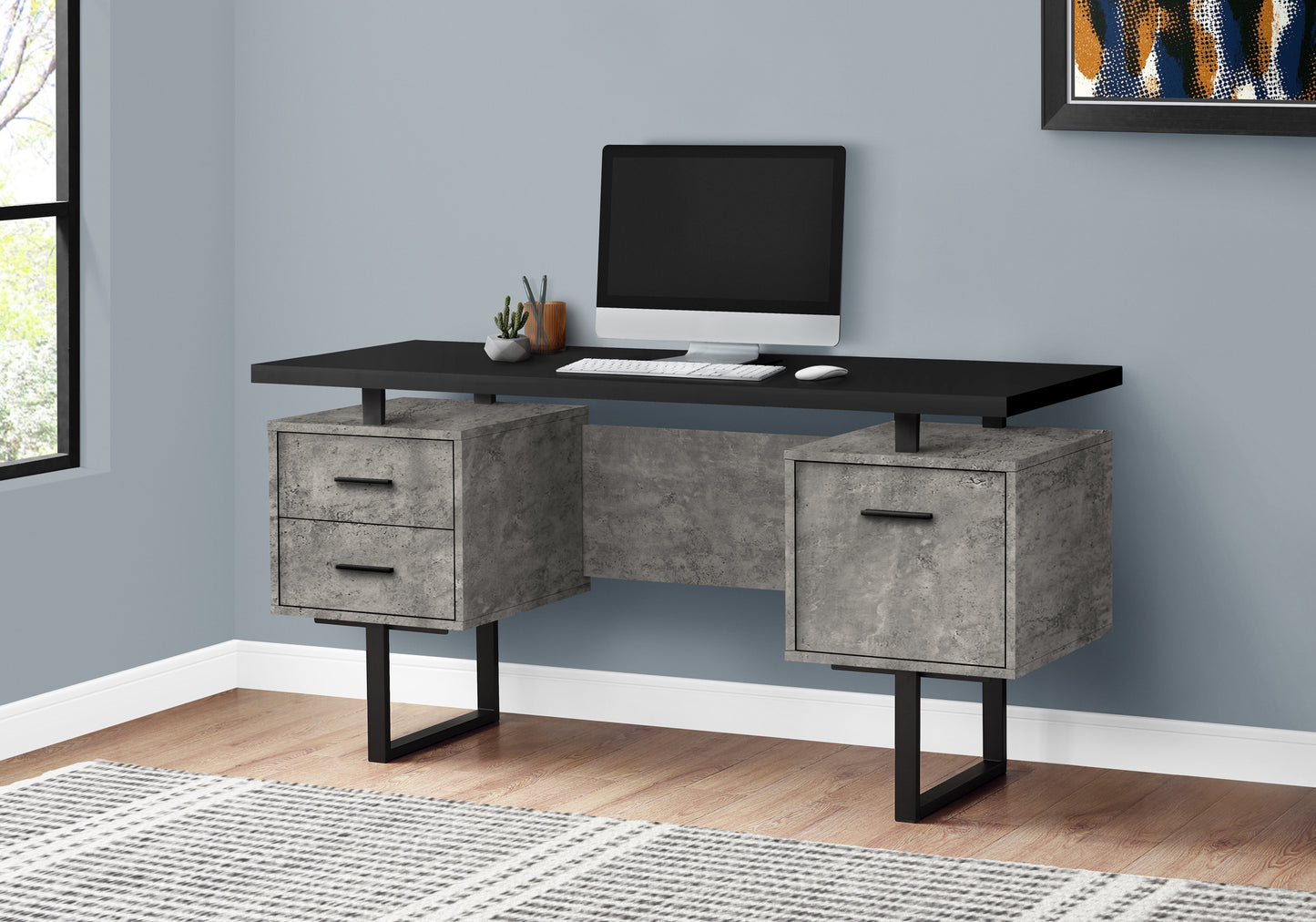 Modern concrete finish desk with black metal legs and drawers