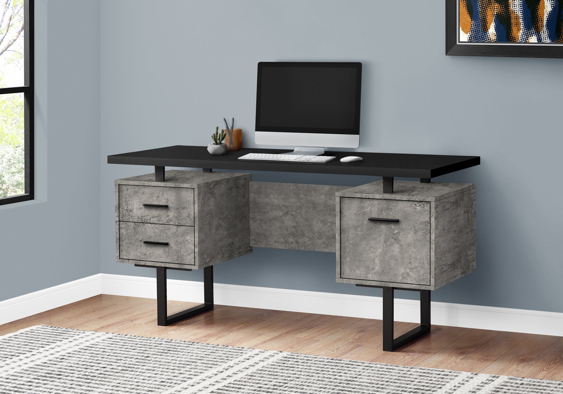Modern concrete finish desk with black metal legs and drawers
