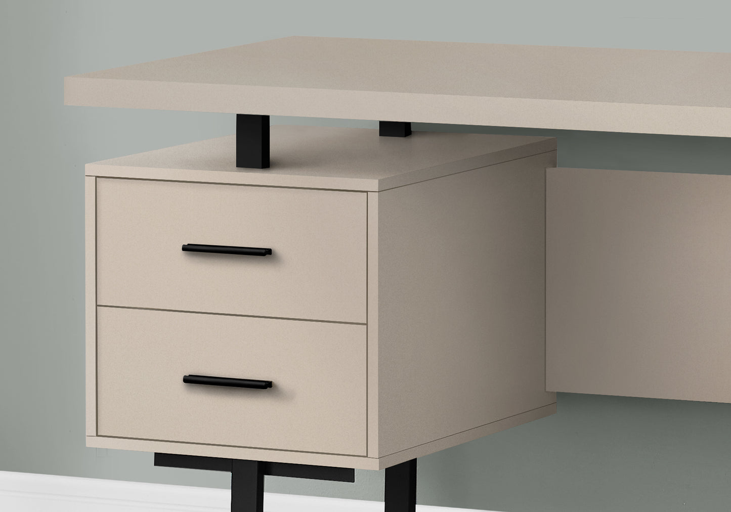 Beige modern desk with two drawers and black metal legs