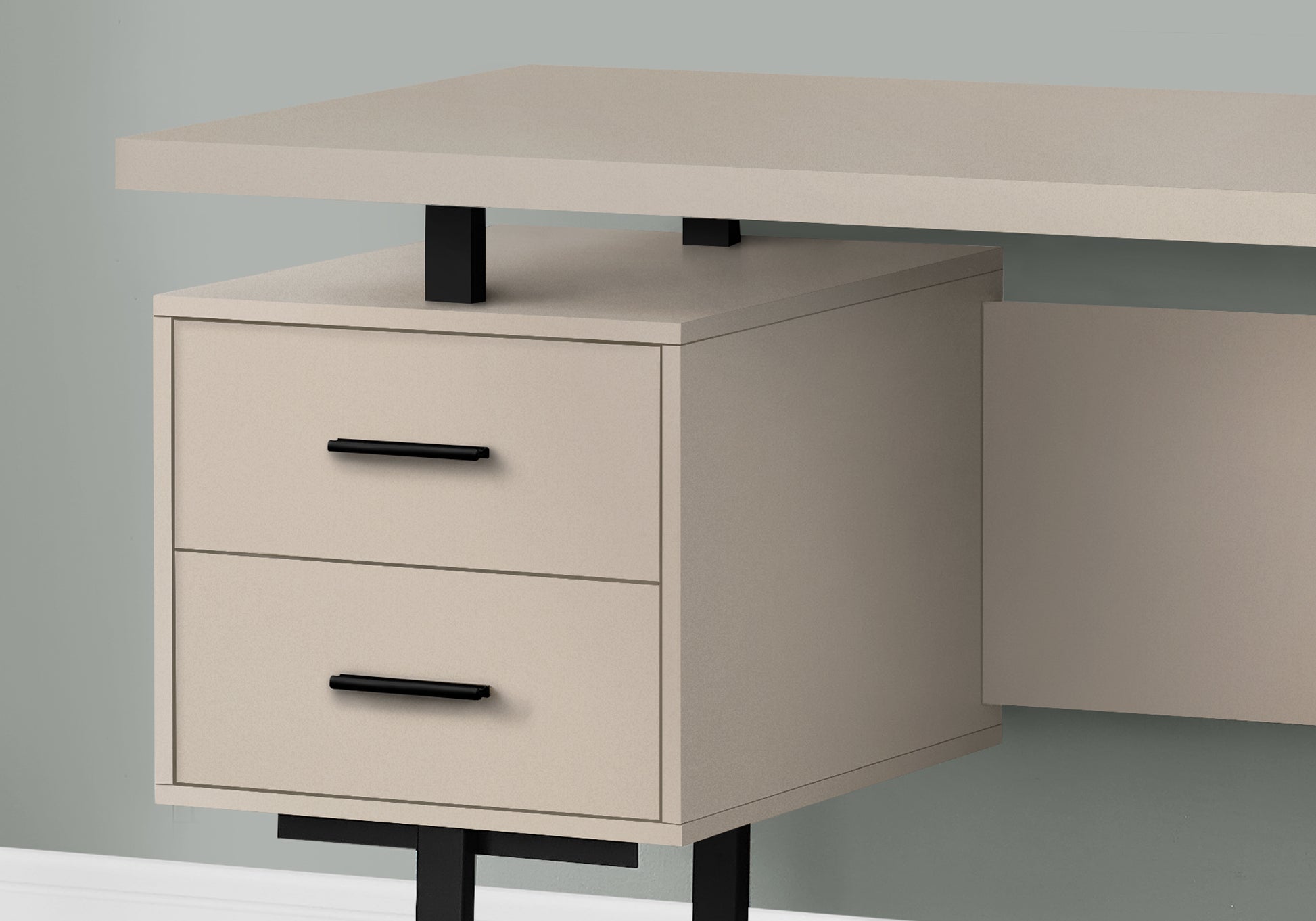 Beige modern desk with two drawers and black metal legs