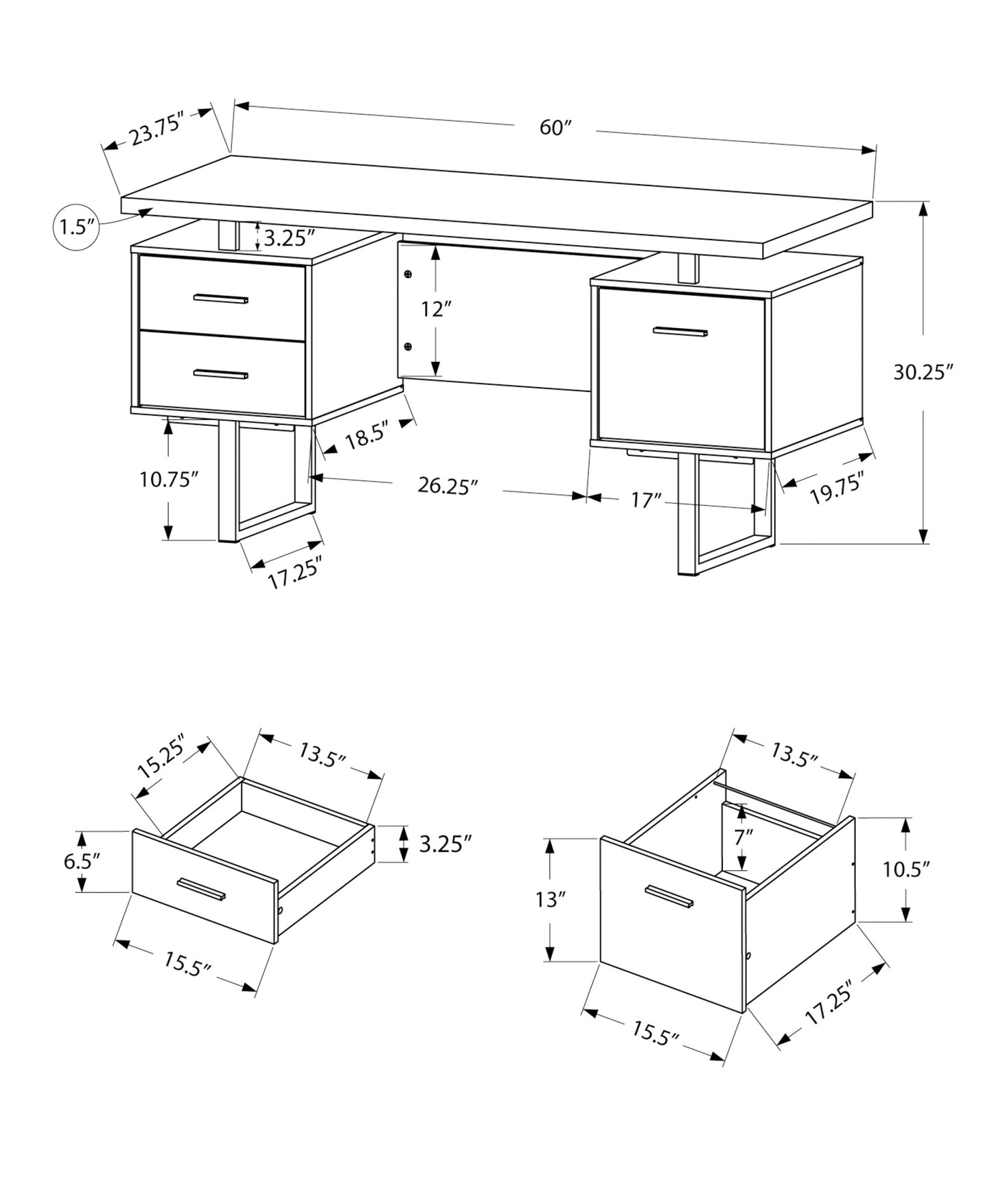 Diagram of a  inch executive desk with dimensions showing drawers and frame