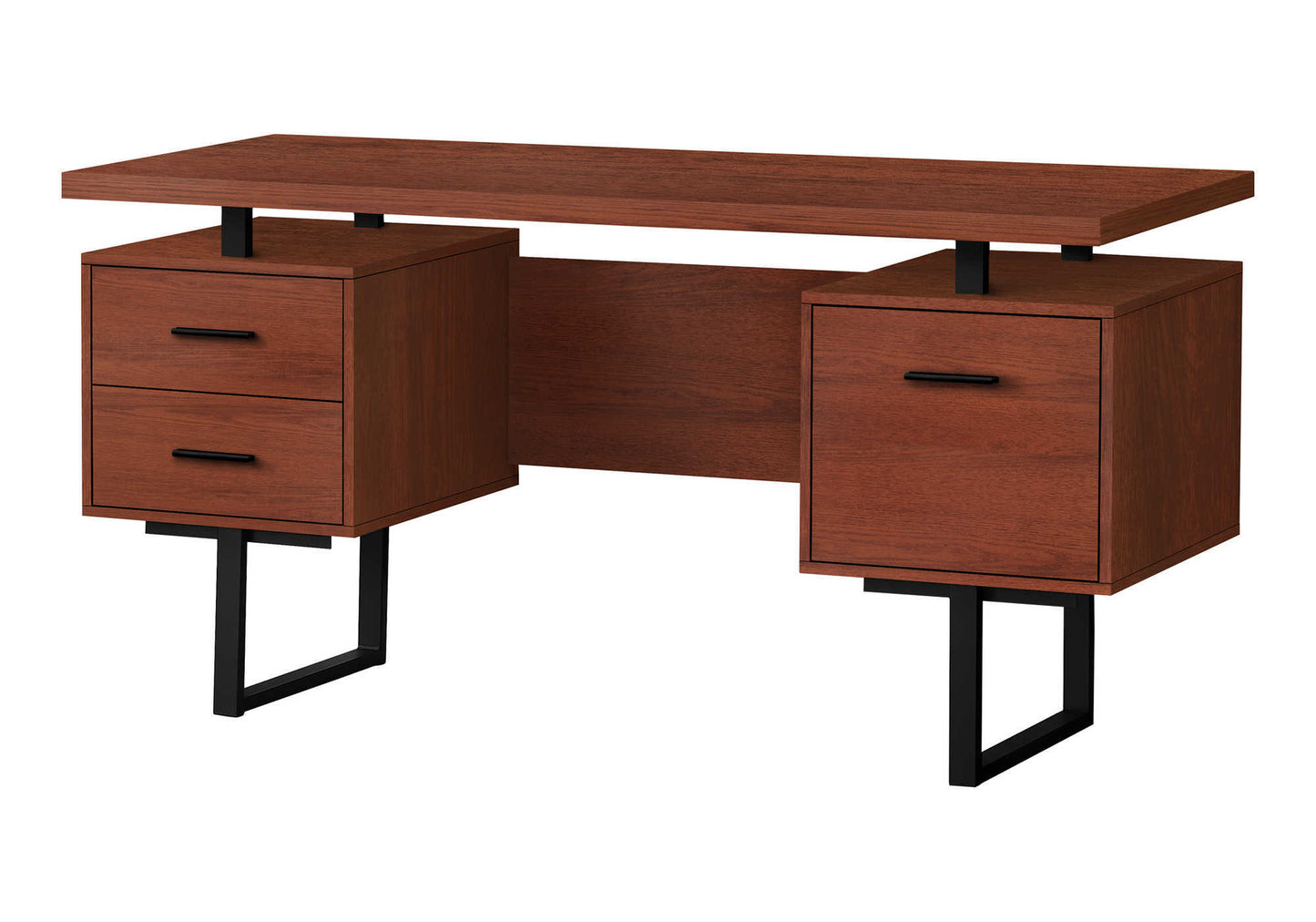 Contemporary mahogany desk with two drawers and a sleek black frame