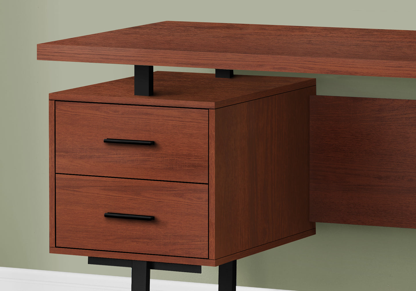 Modern mahogany wood desk with two drawers and black hardware