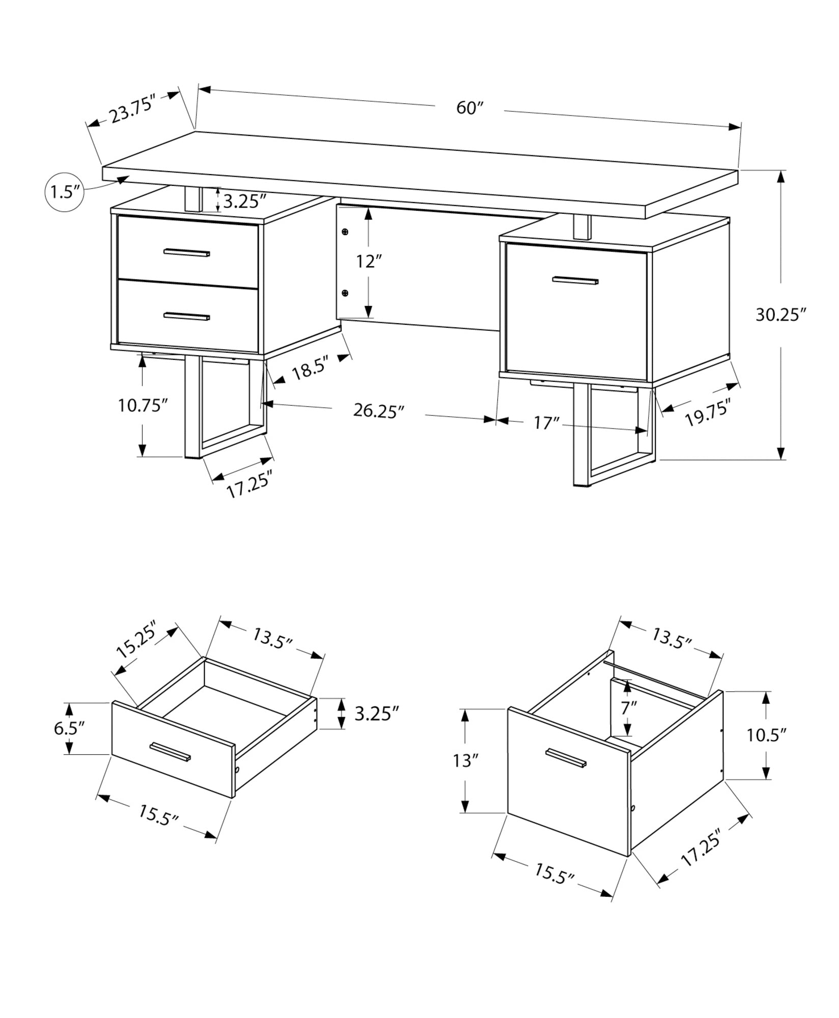 Technical drawing of a modern computer desk with dimensions  W x  D x  H