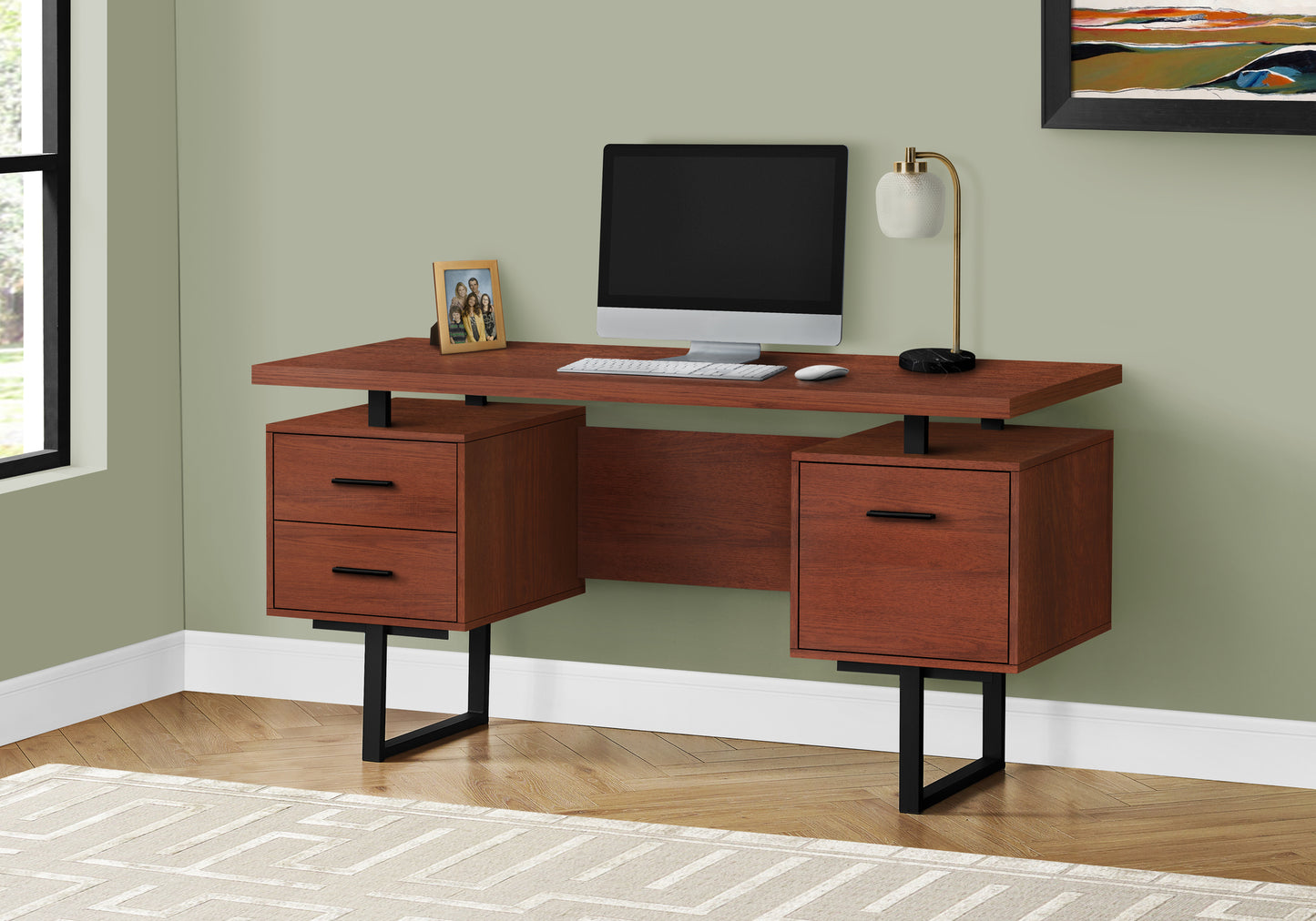 Modern wooden computer desk with dual storage drawers and sleek black legs