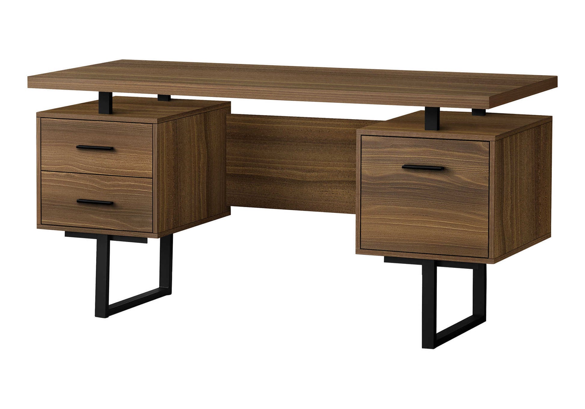 Modern walnut veneer desk with black metal legs and two drawers on each side