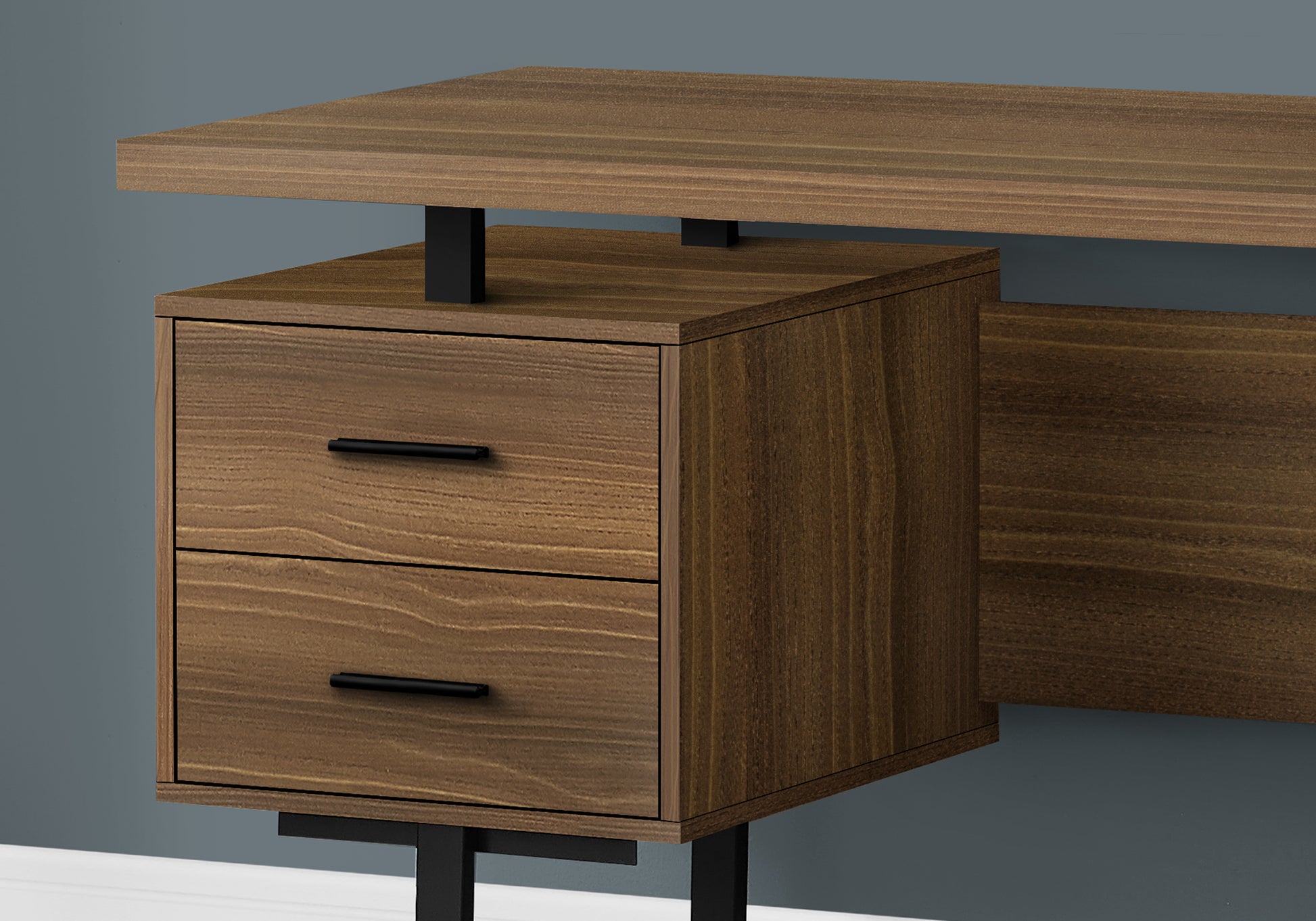 Modern walnut veneer desk with two blackhandled drawers and metal legs
