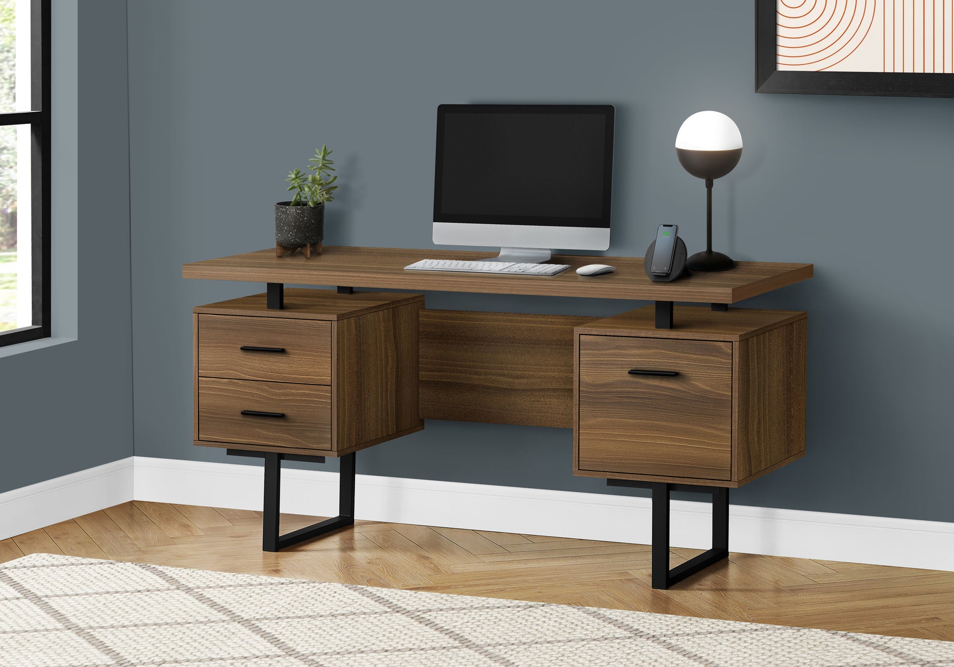 Modern wood computer desk with two drawers and black metal legs