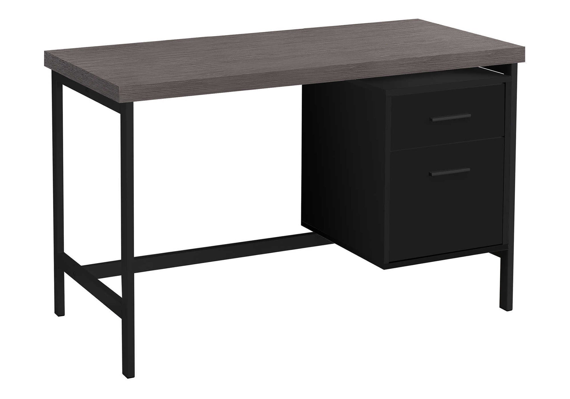 Modern gray wood grain desk with black metal legs and two black drawers for office storage