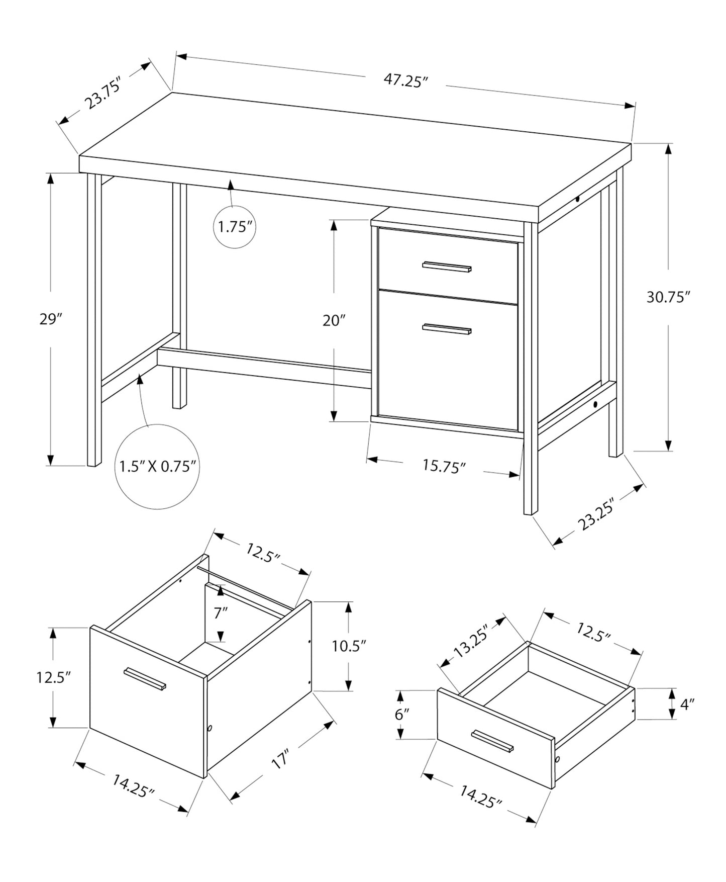 Technical drawing of a modern desk with dimensions featuring two drawers
