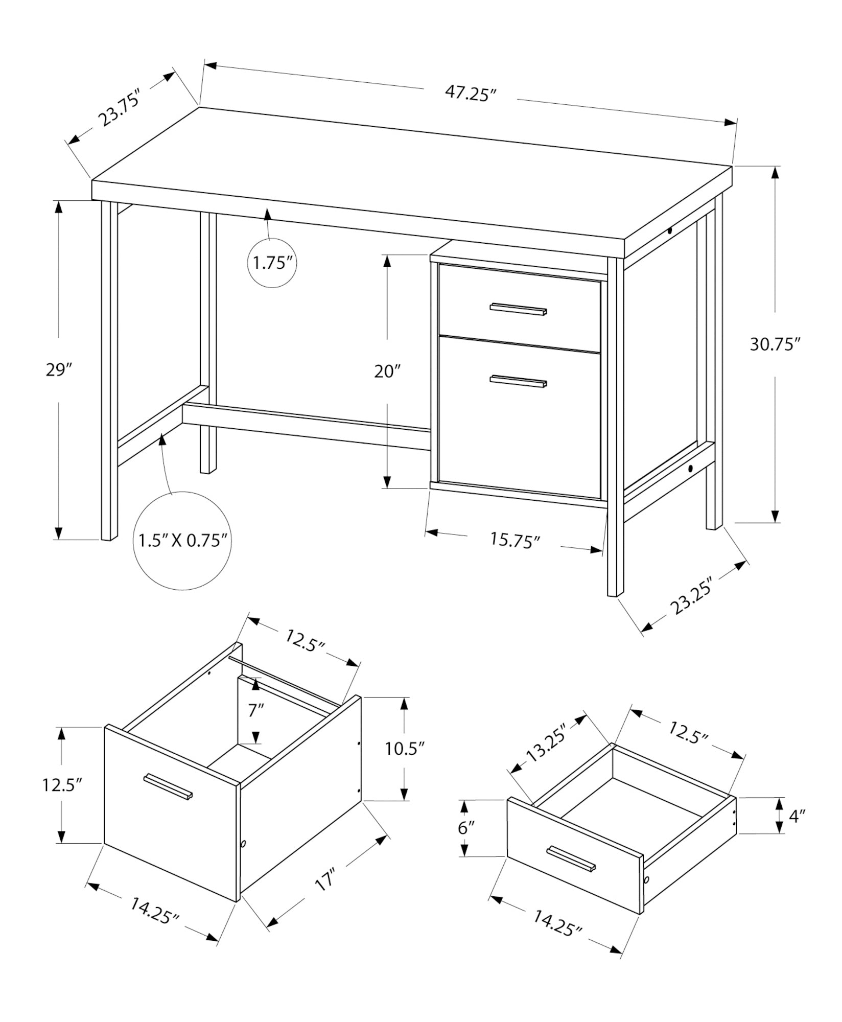 Technical drawing of a modern desk with dimensions featuring two drawers