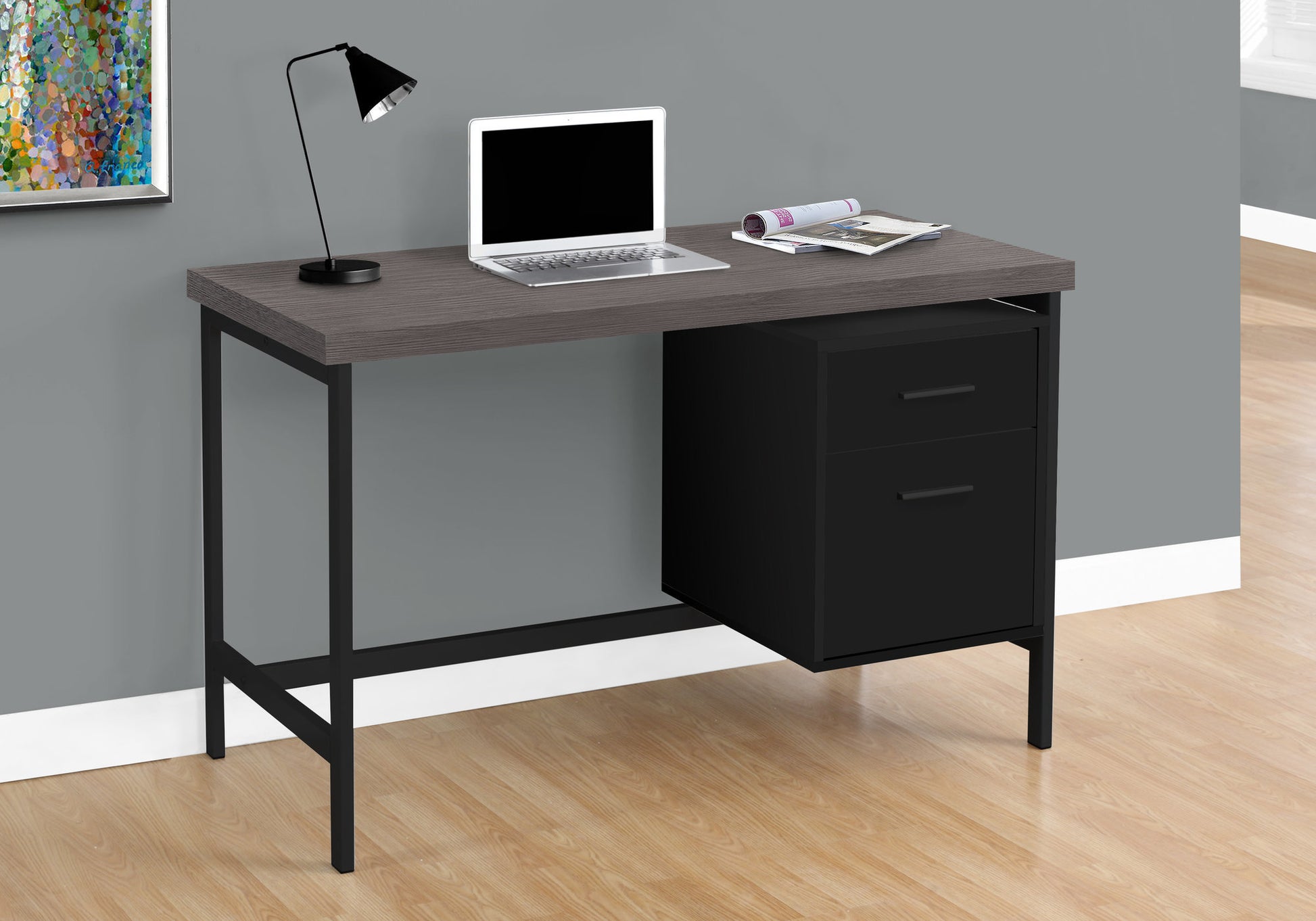 Modern grey wood computer desk with black metal frame and drawers