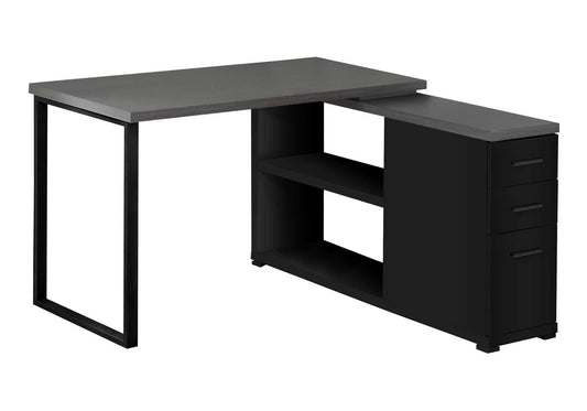 Modern Lshaped desk with grey wood top and black metal frame