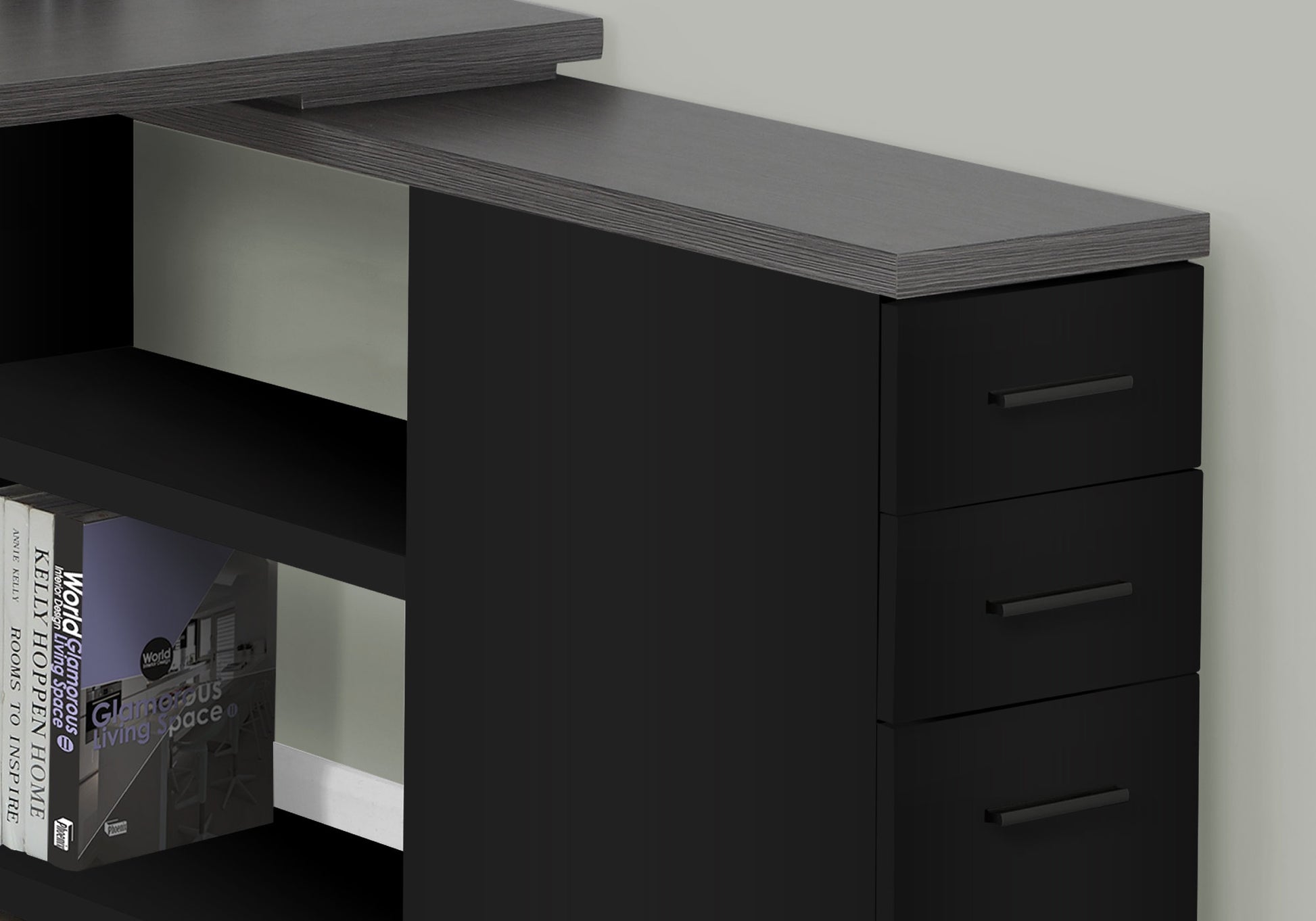 Modern black dresser with gray woodgrain top and three drawers