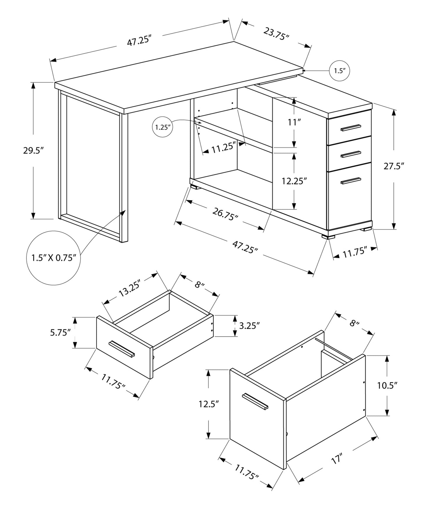 Line drawing of an Lshaped desk with dimensions indicating its overall size and drawer details