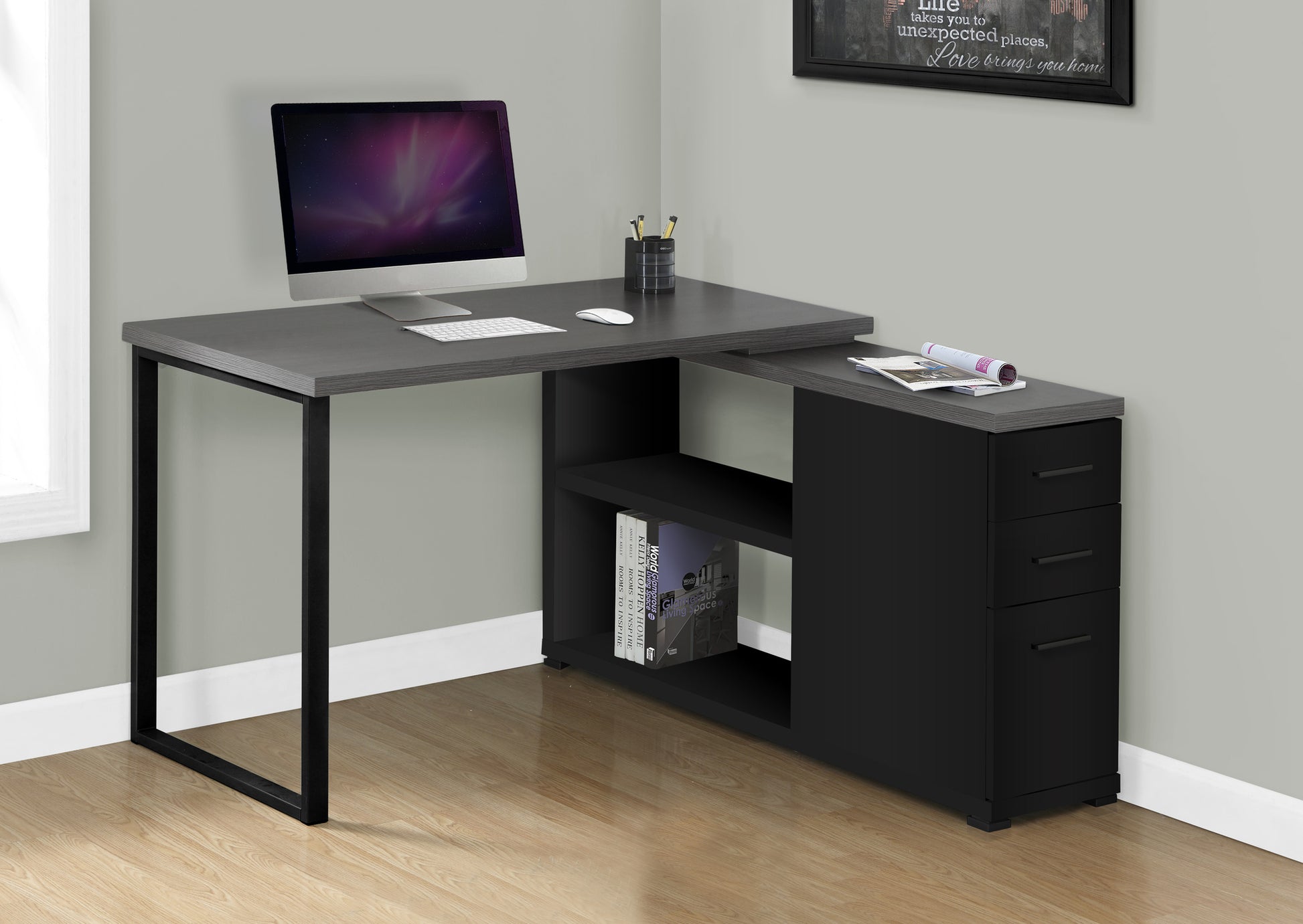 Gray wood grain lshaped computer desk with black metal legs and storage drawers