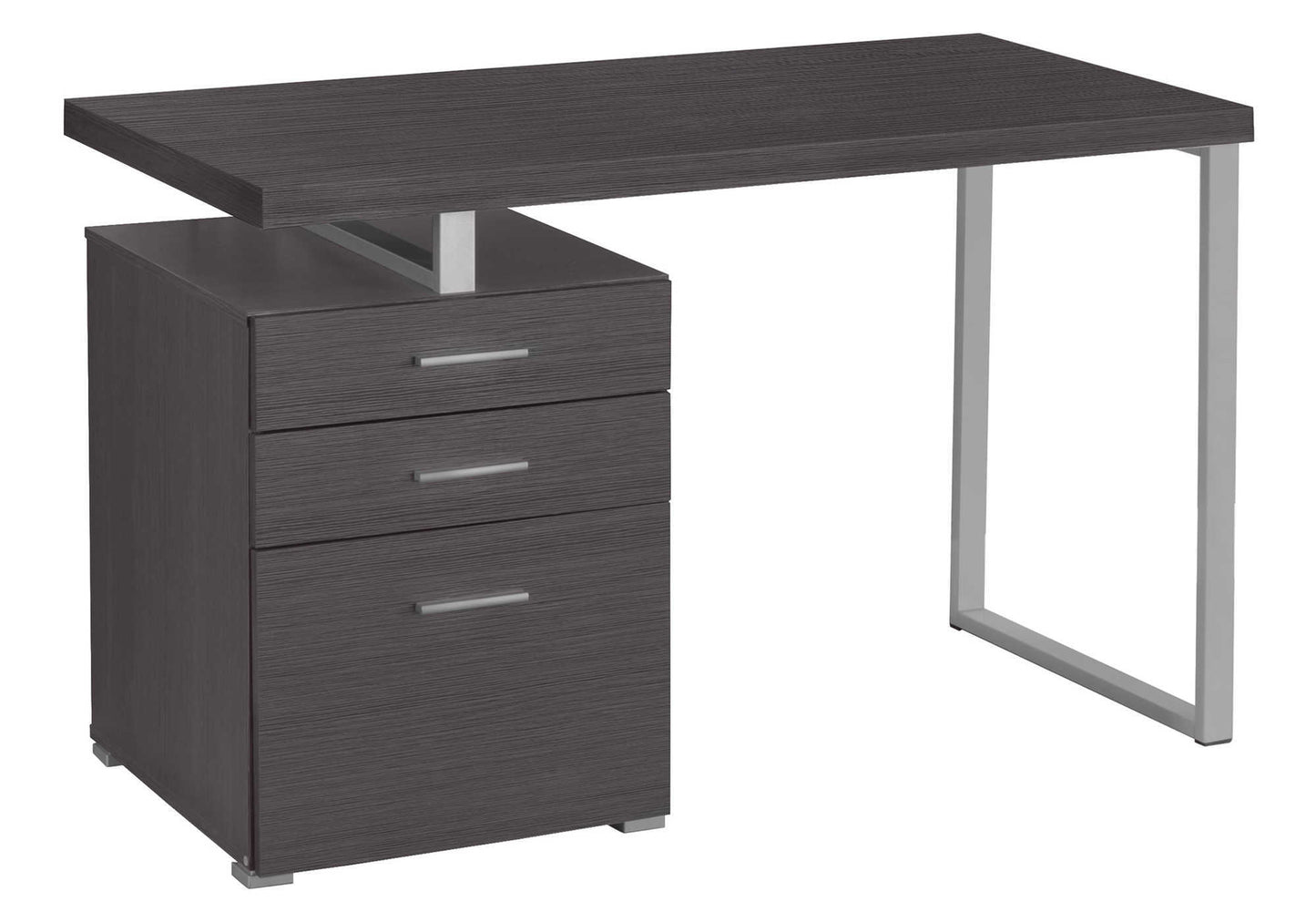 Dark gray modern writing desk with three drawers and metal frame