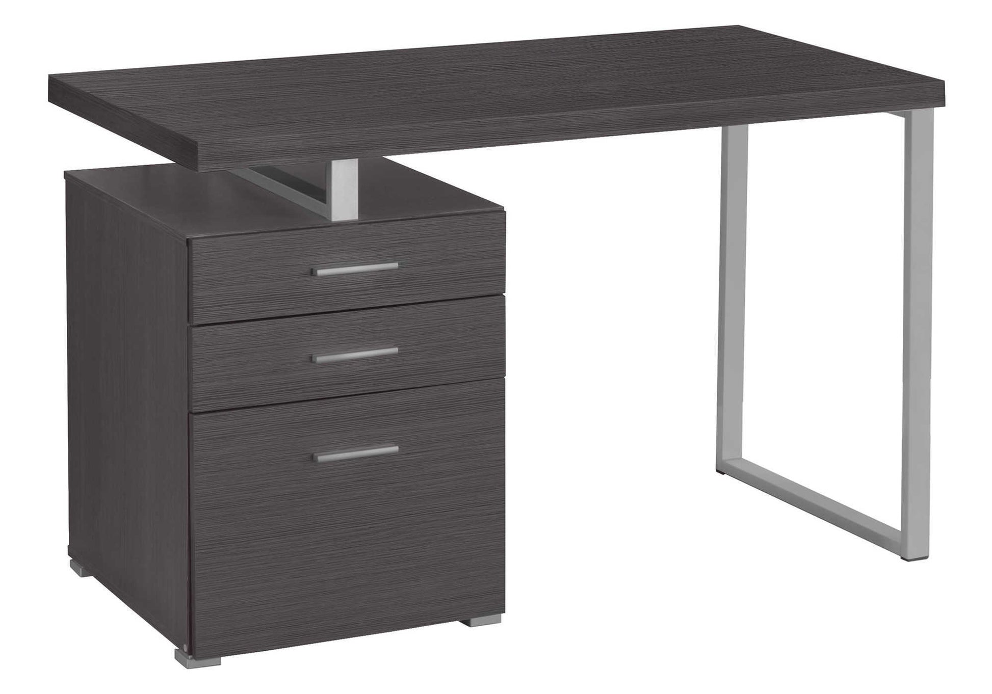 Dark gray modern writing desk with three drawers and metal frame