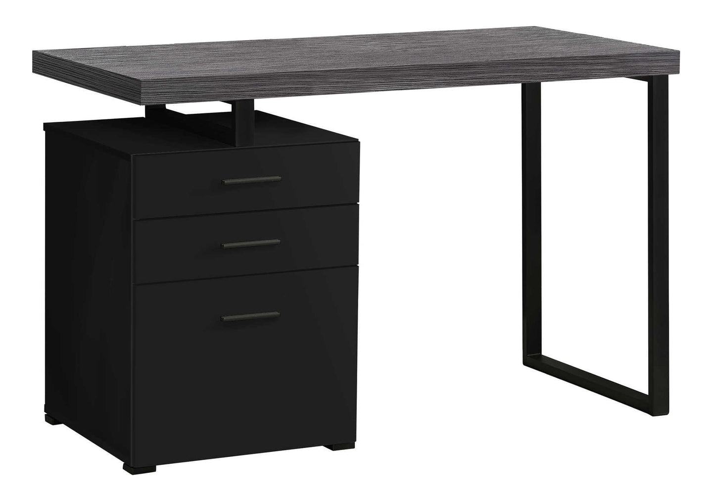 Modern compact desk with a grey wood grain laminate top and black metal frame