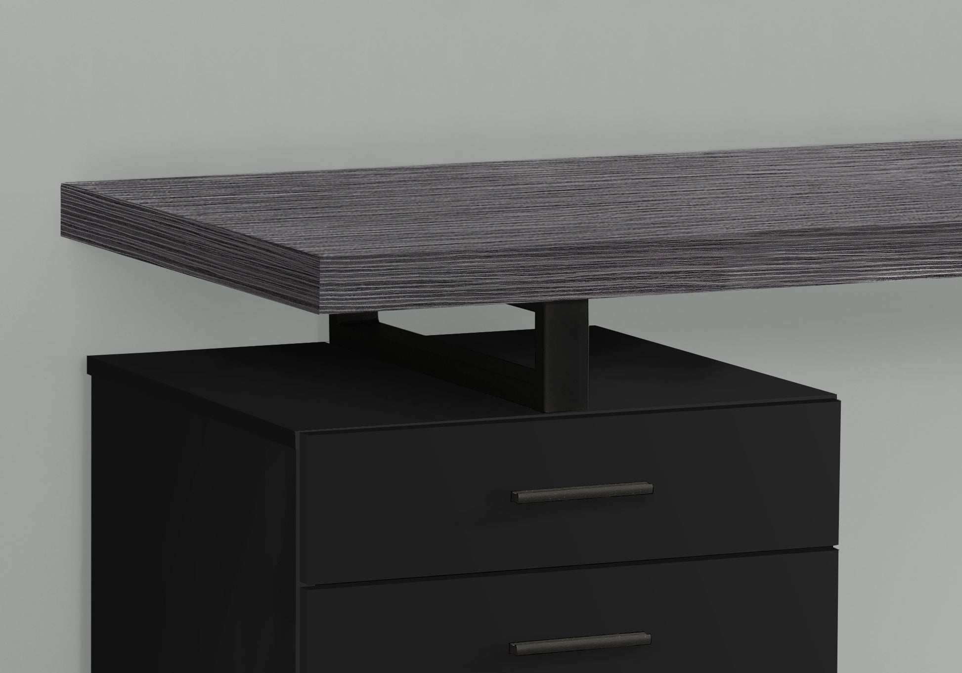 Modern floating desk with dark wood grain top and two black gloss drawers