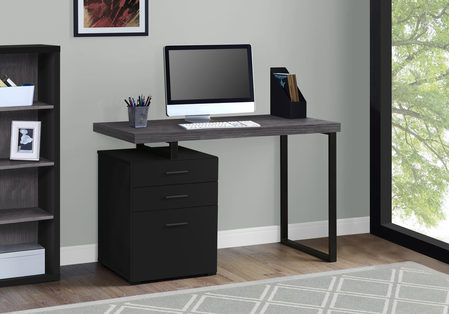 Modern Lshaped computer desk with a dark grey wood finish and black metal legs perfect for home offices