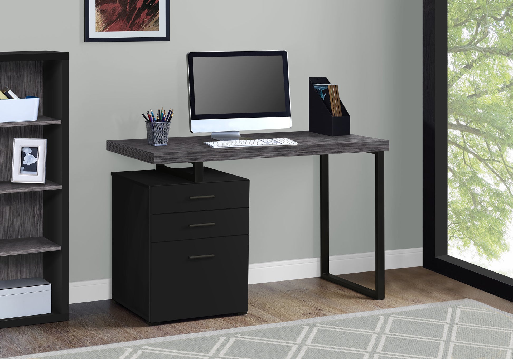 Modern Lshaped computer desk with a dark grey wood finish and black metal legs perfect for home offices
