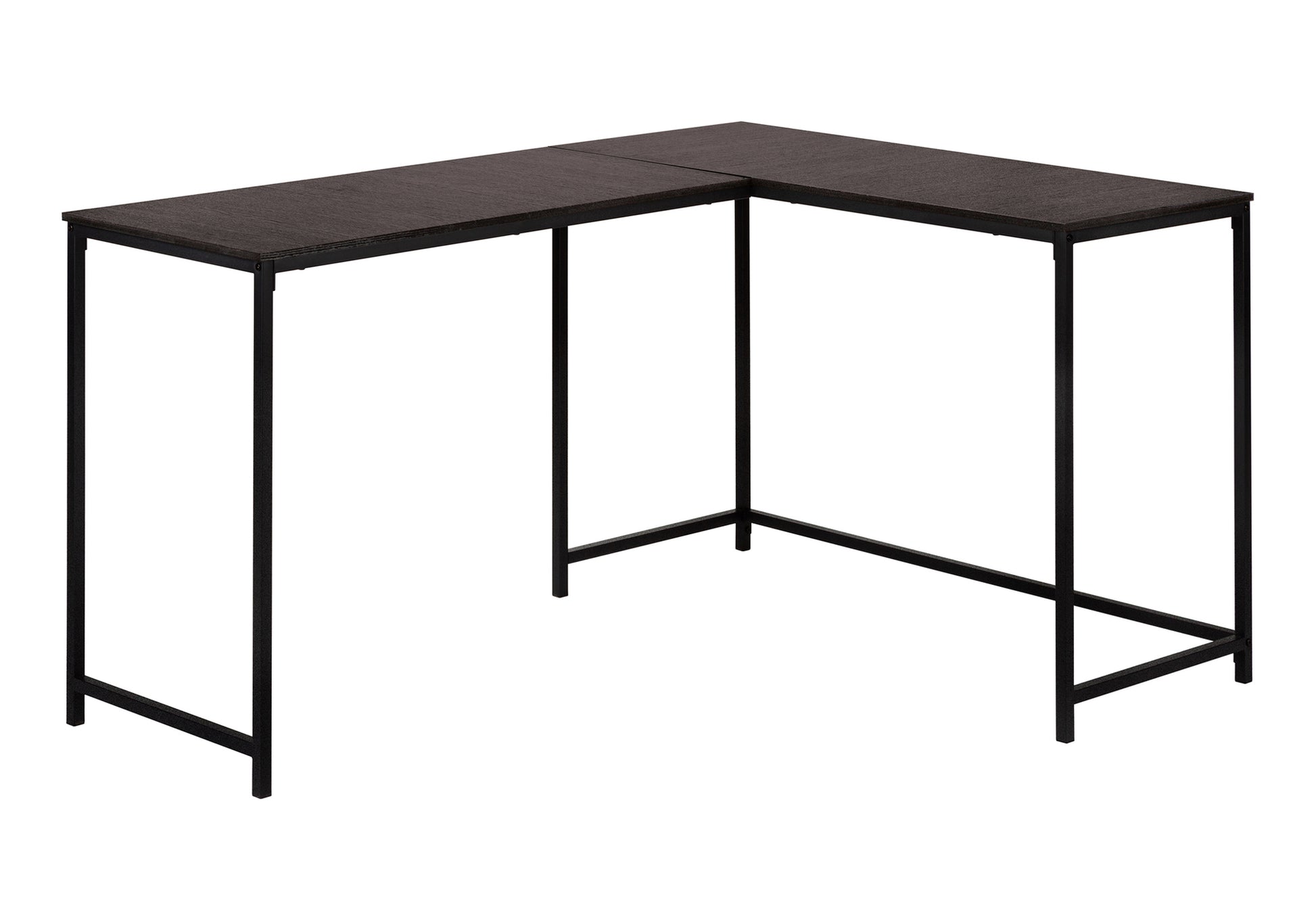 Dark wood grain Lshaped desk with a modern black metal frame