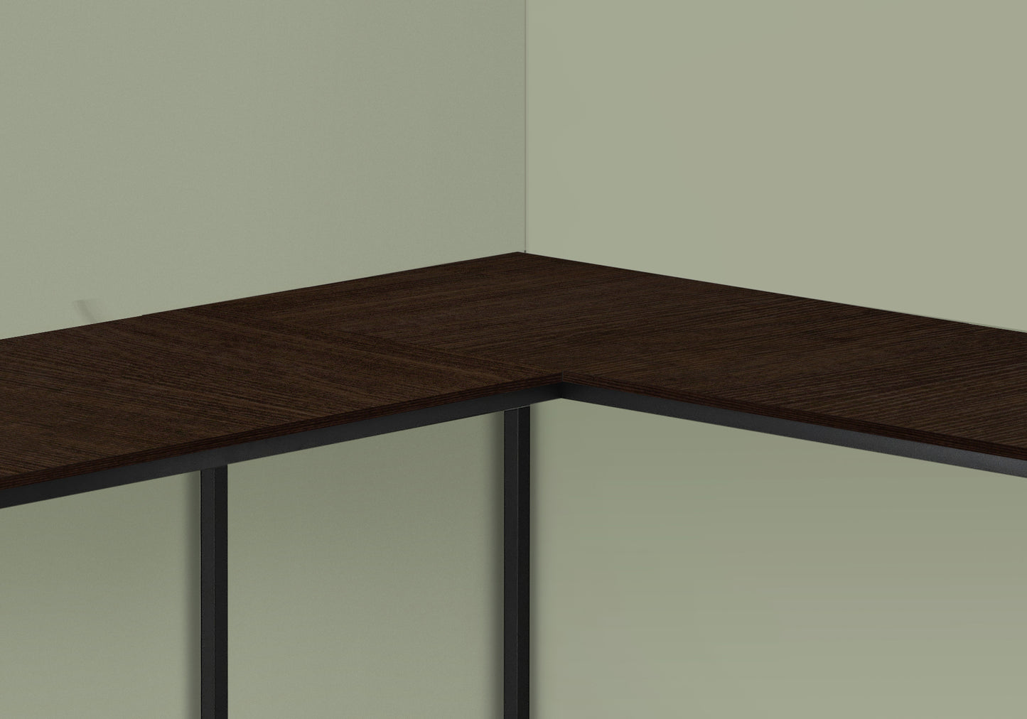 Dark wood corner desk with black metal frame