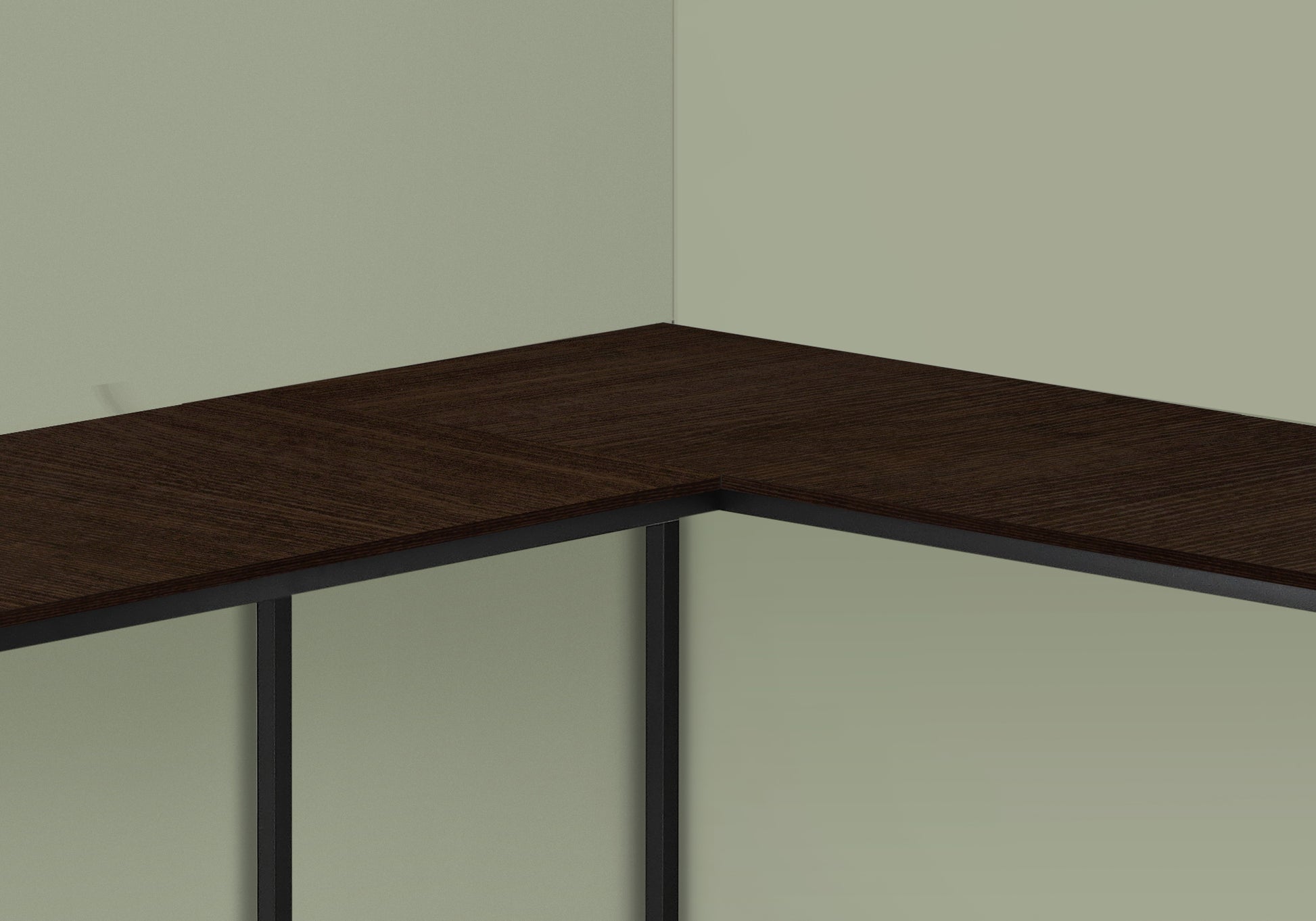 Dark wood corner desk with black metal frame