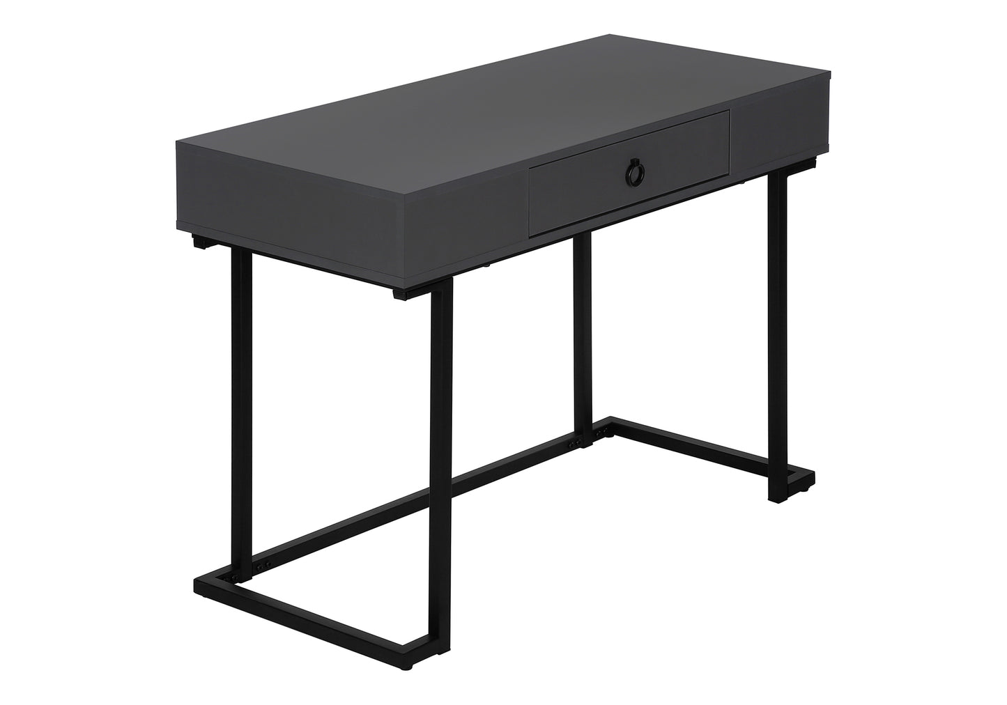 Sleek grey console table with one drawer and a black metal frame perfect for entryways