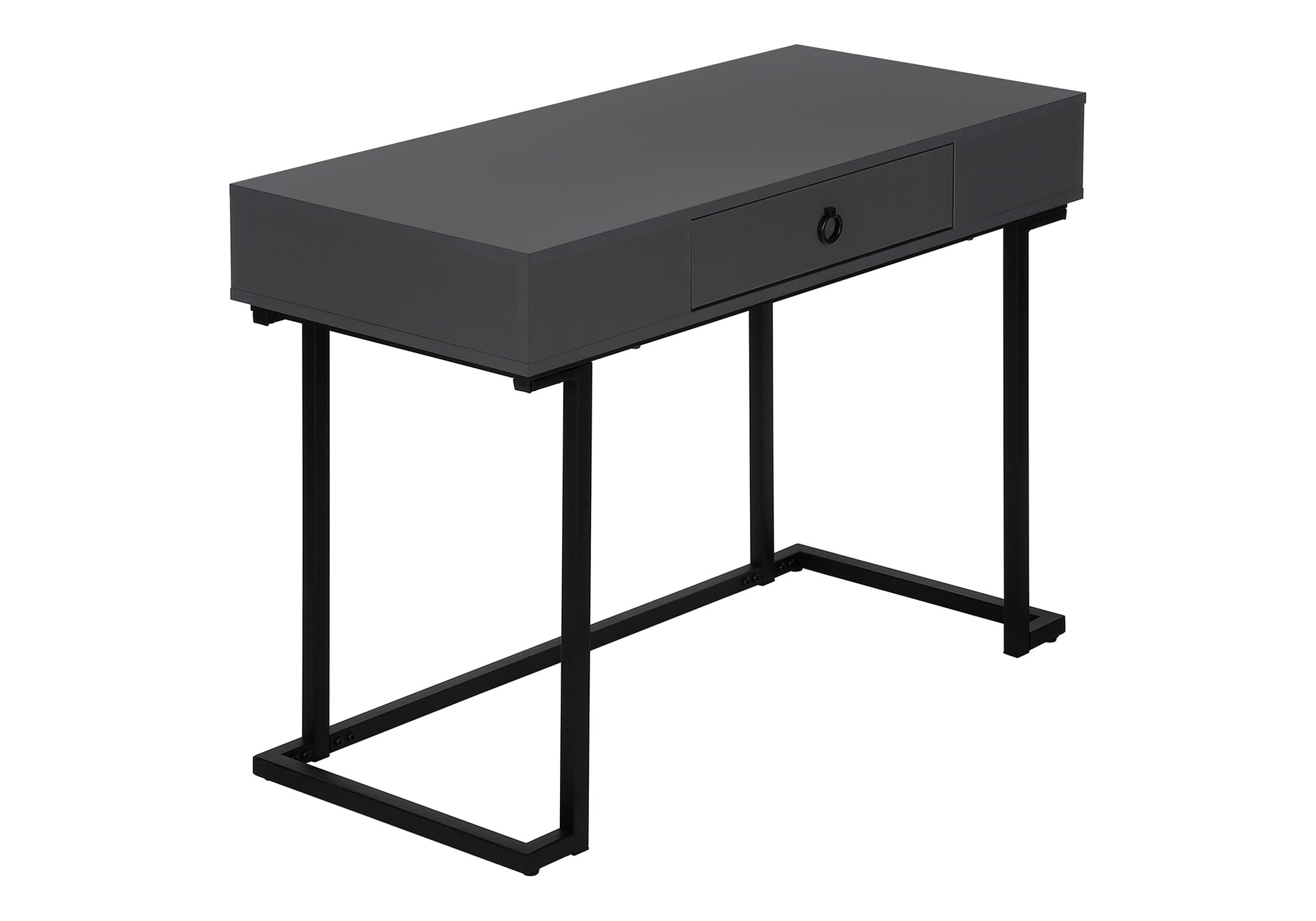 Sleek grey console table with one drawer and a black metal frame perfect for entryways