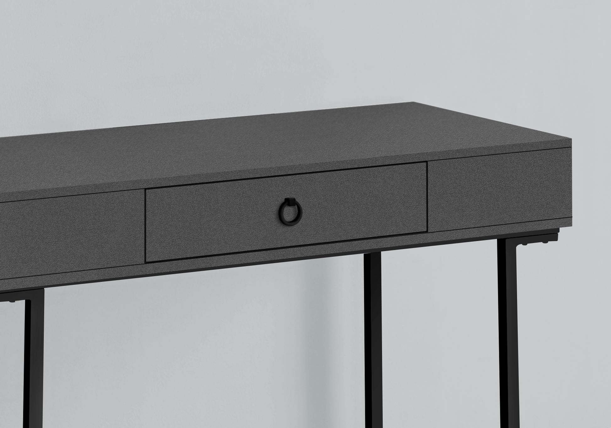 Textured dark gray console table with single drawer and black ring pull minimalist design
